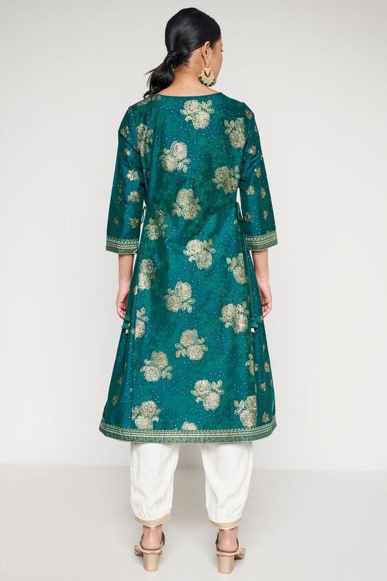 Green Floral Embroidered Fit And Flare Kurta, Green, image 4