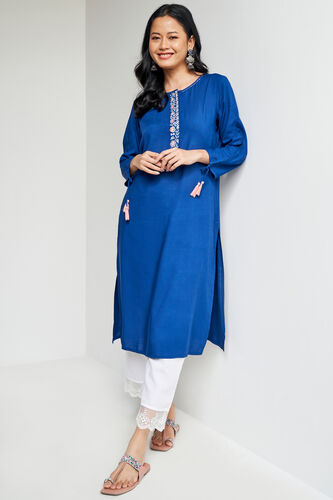 Navy Solid Embroidered Straight Kurta, Navy Blue, image 1