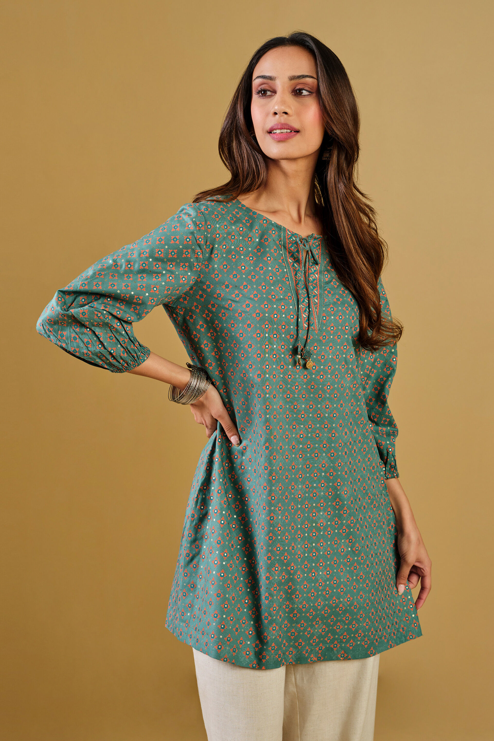 Green Floral Viscose Tunic, Green, image 3