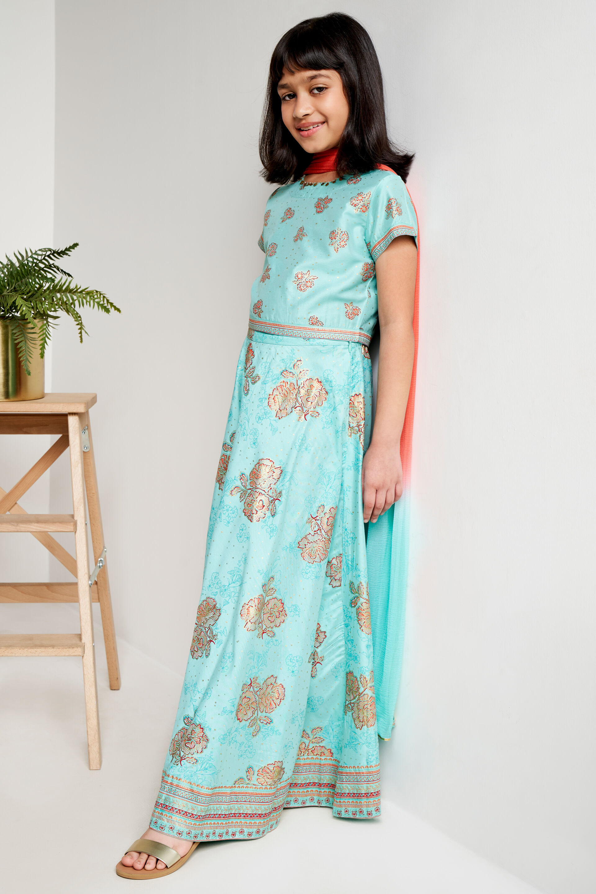 Light Blue Ethnic Motifs Cropped Set, Light Blue, image 3