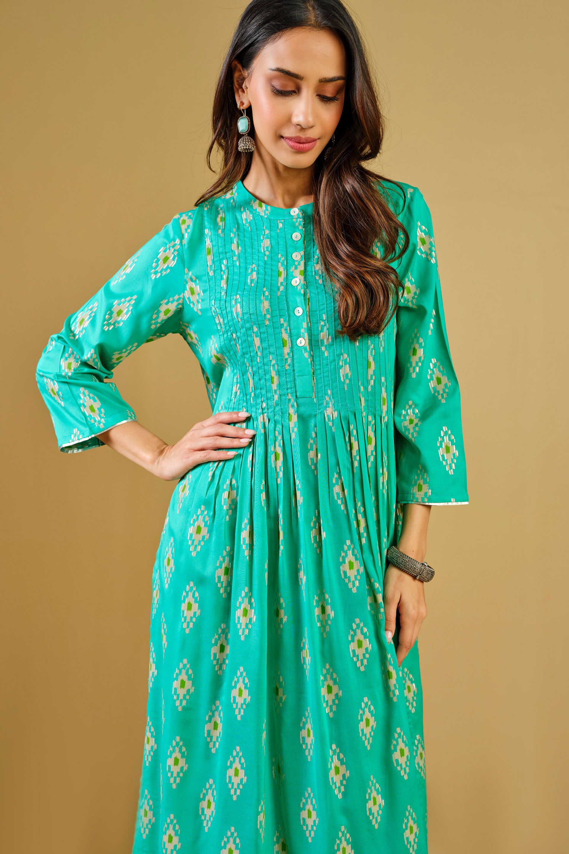 Ethnic Motif Aqua Viscose Kurta Set, Aqua, image 4
