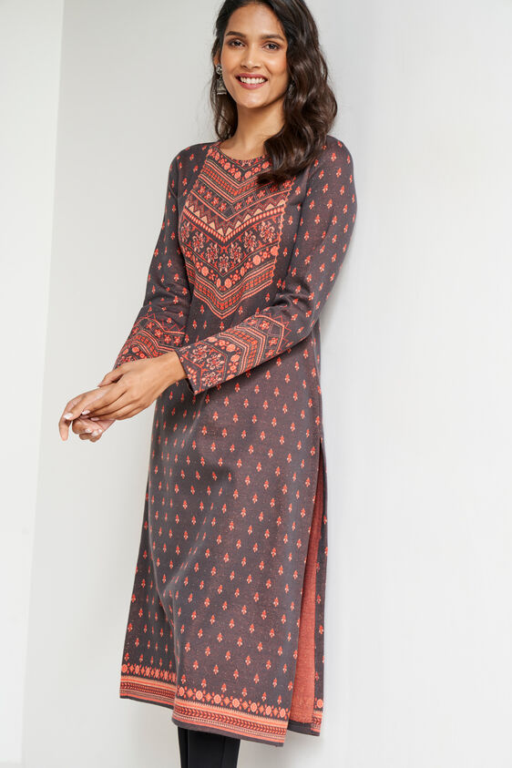 Brown Jacquard Straight Slip-On Kurta, Brown, image 3