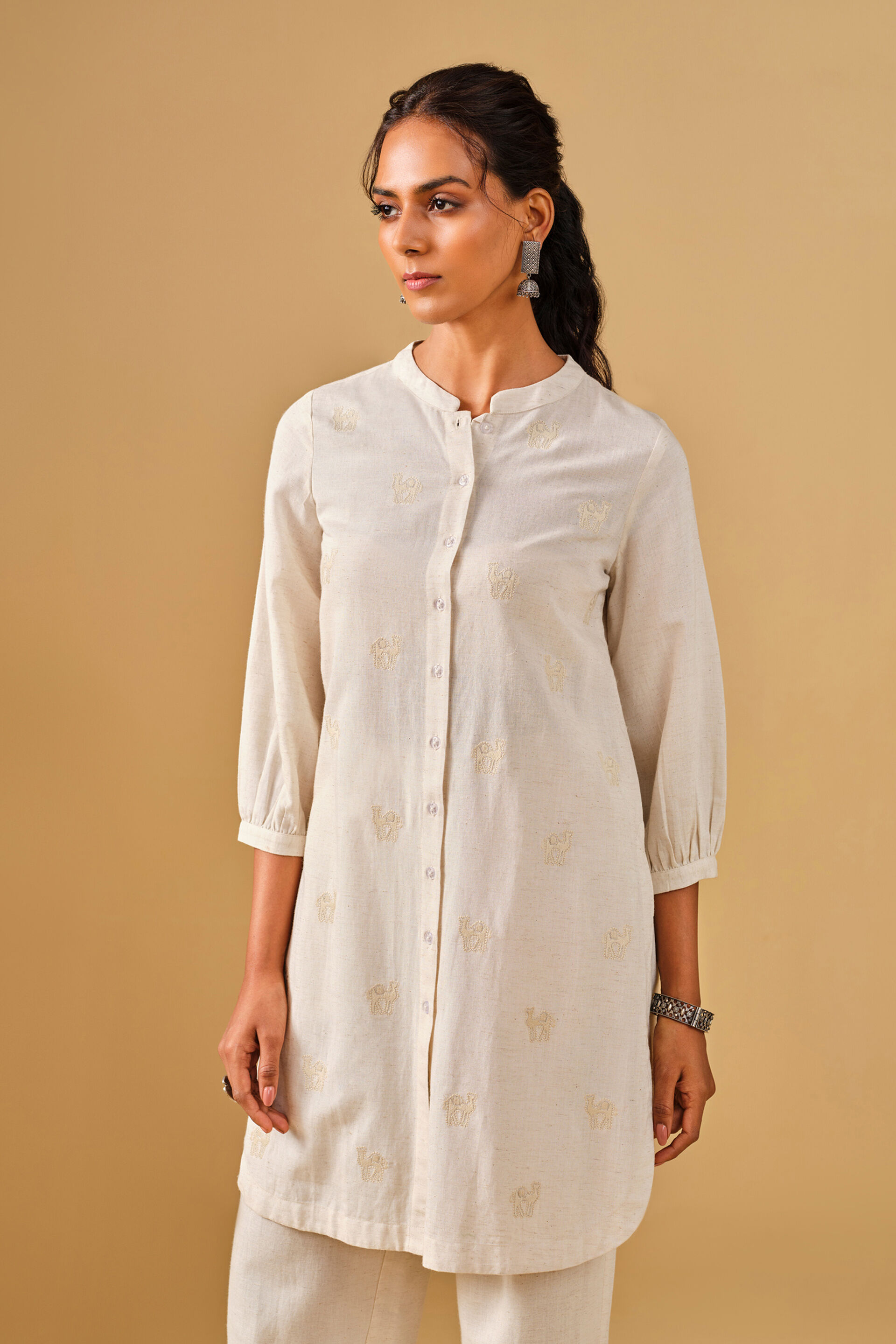 Embroidered Mandarin Collar Viscose Blend Natural Kurta Set, Natural, image 4