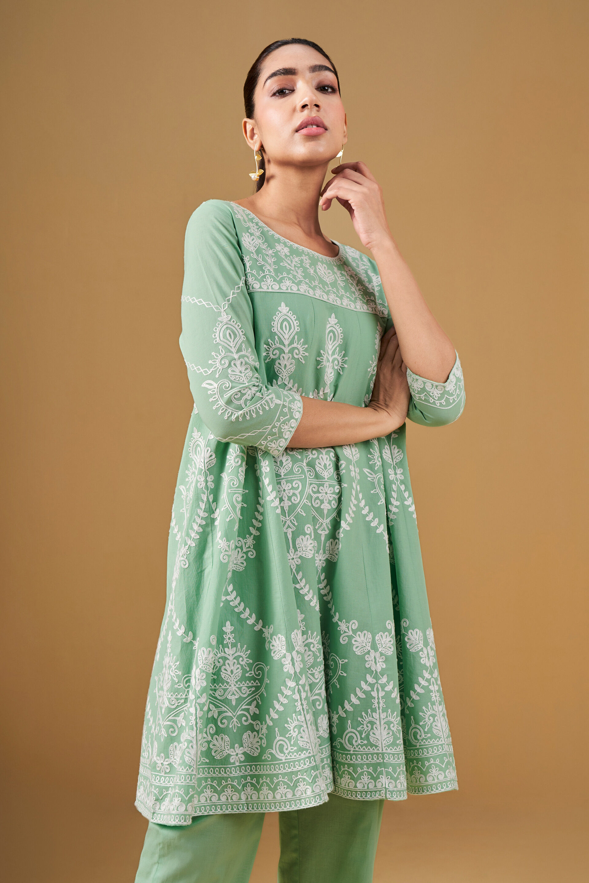 Aari Embroidery Mint Green Kurta Set, Mint, image 4