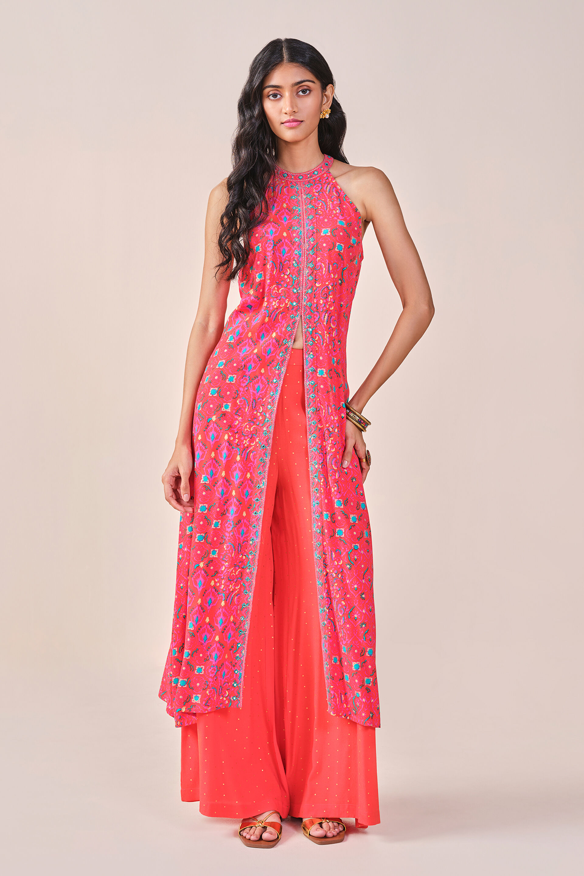 Festive Embroidered Ikat inspired Viscose Kurta set, Orange, image 6