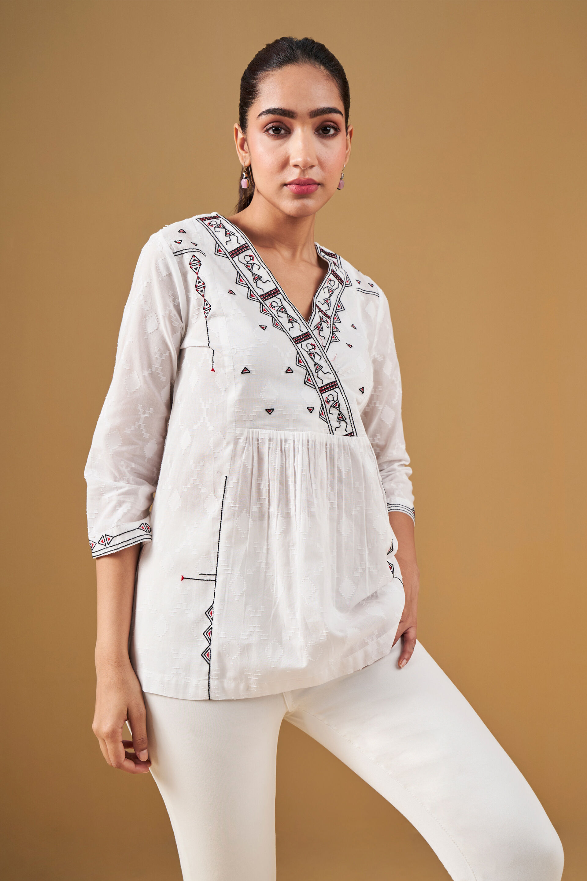 Warli Print Inspired V-neck Top, White, image 4