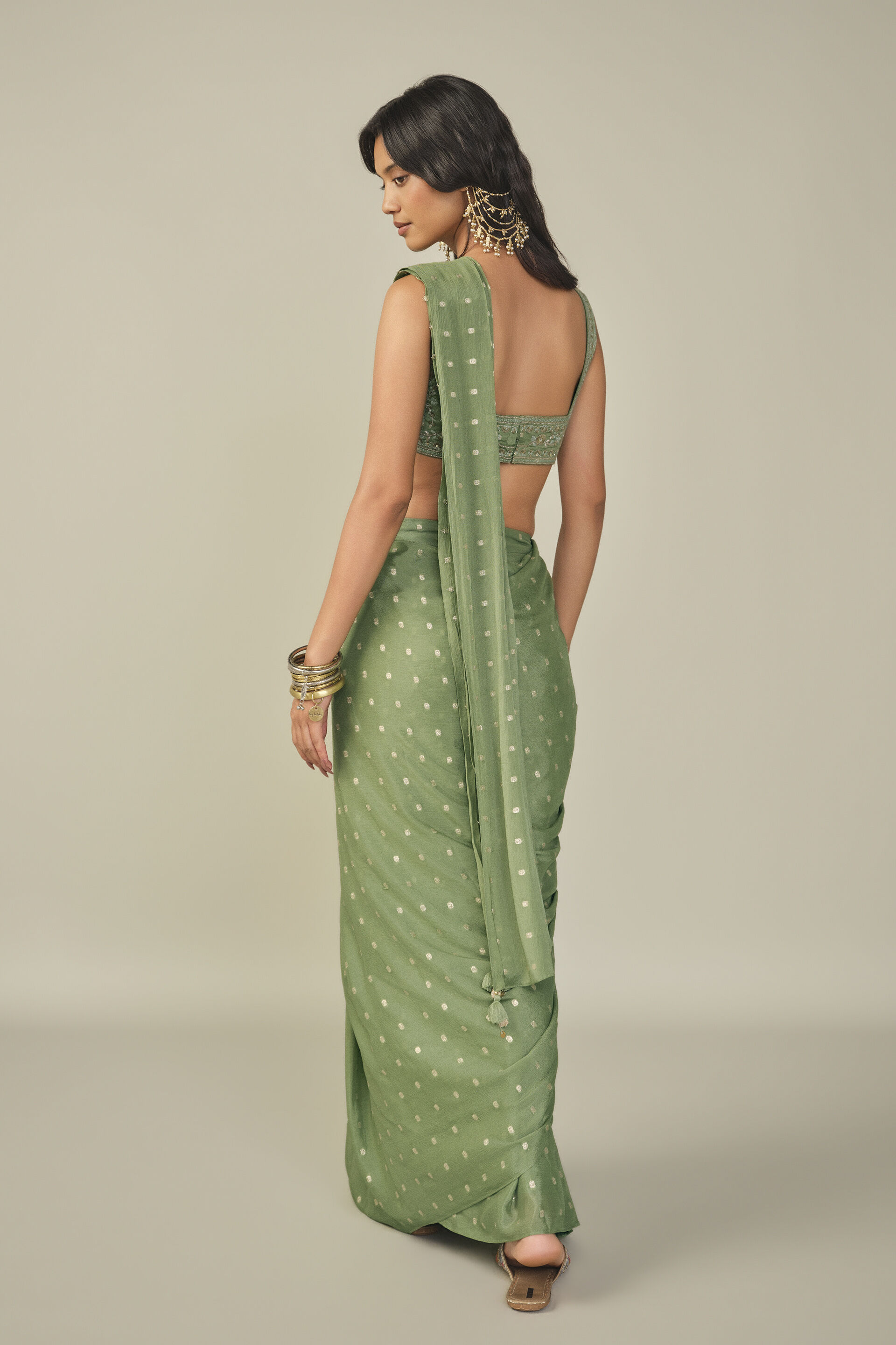 Embroidered Pre-stitched Saree in Sage, Sage Green, image 6