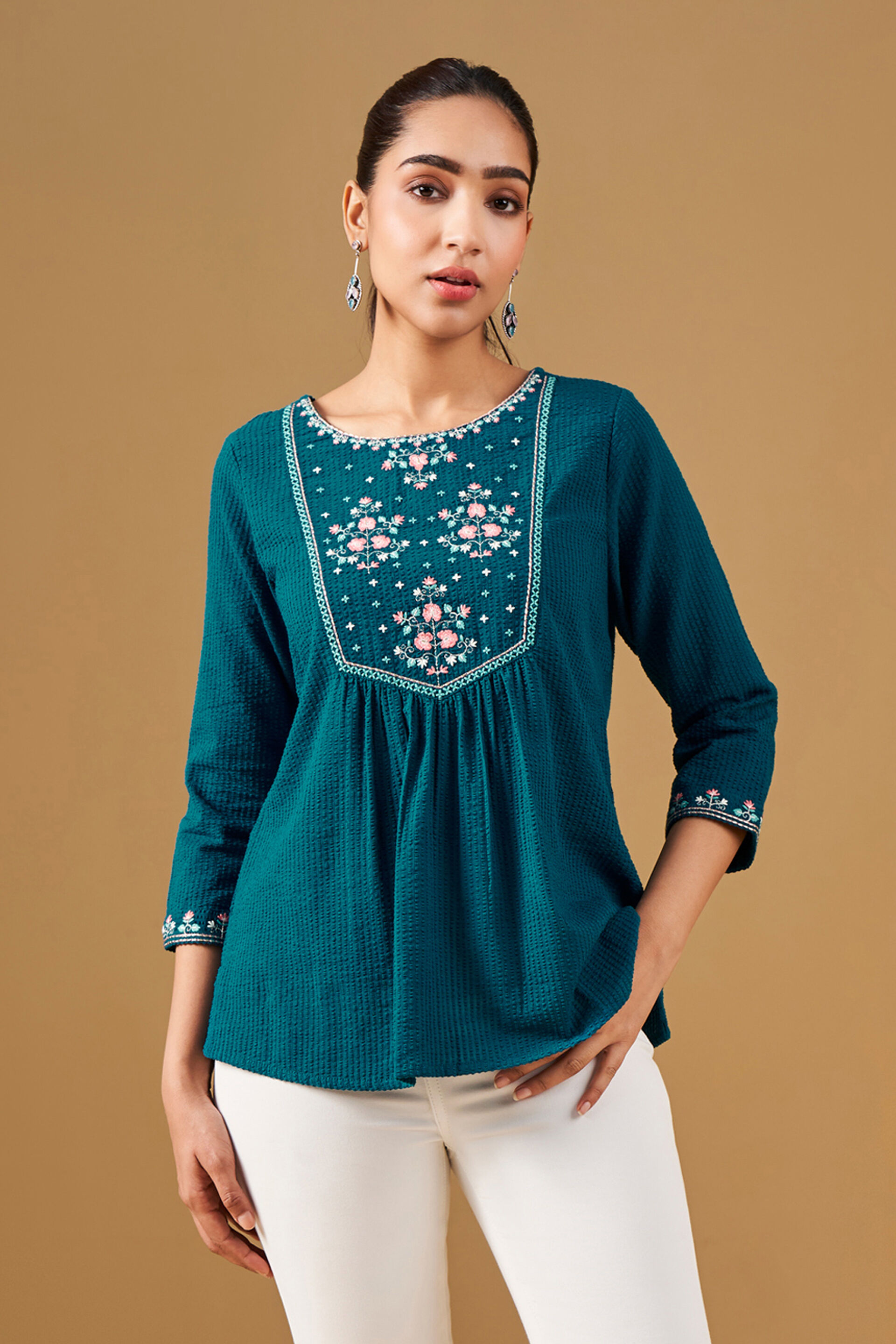 Buy Floral Embroidered Teal Top Online for Women from Globaldesi ...