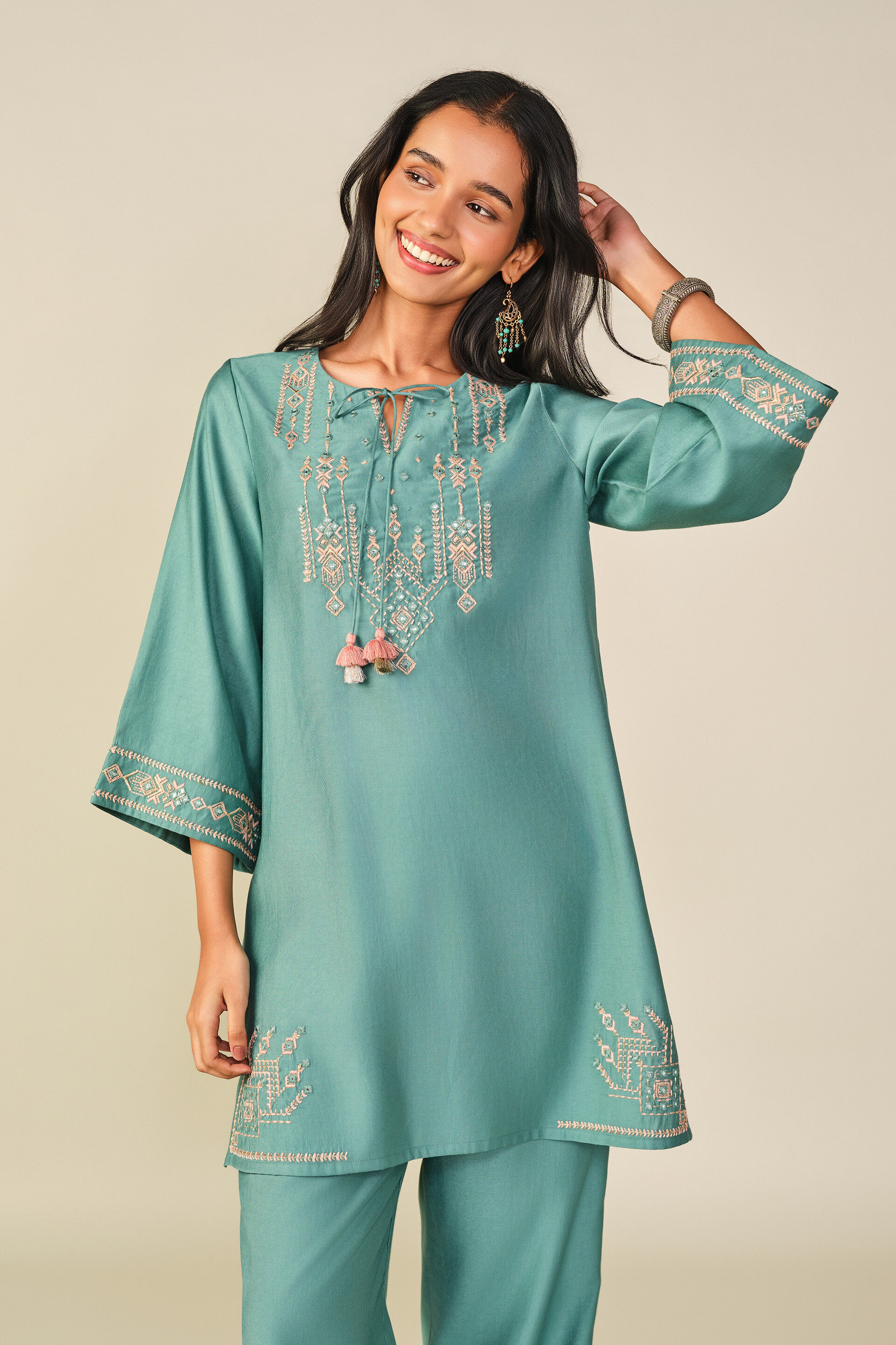 Embroidered Kurta Set in Teal, Teal, image 3
