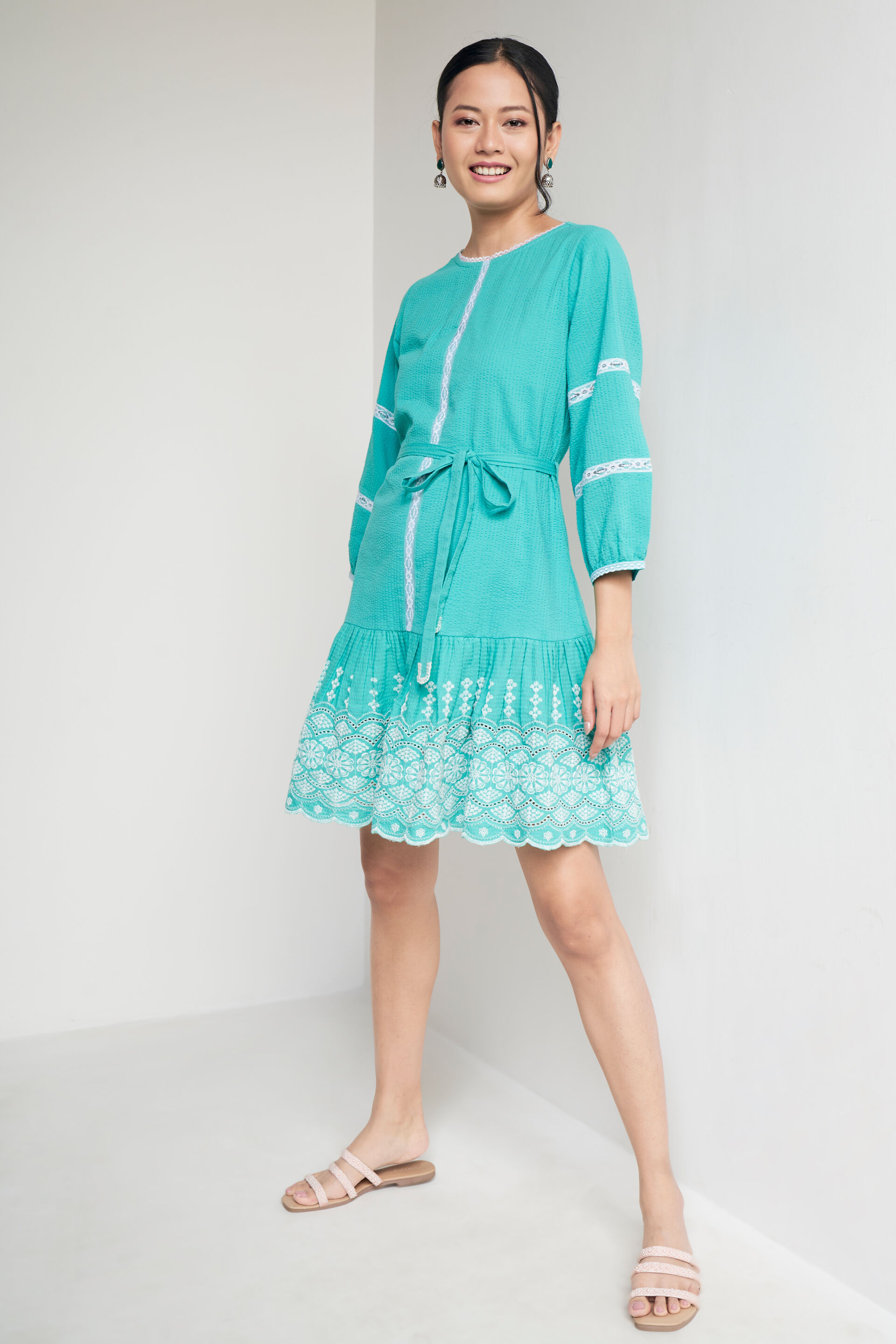 Aqua Solid Tie-Ups Fit And Flare Dress, Aqua, image 3