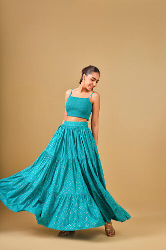Bandhani Inspired Blue Viscose Skirt Set, Aqua, image 6