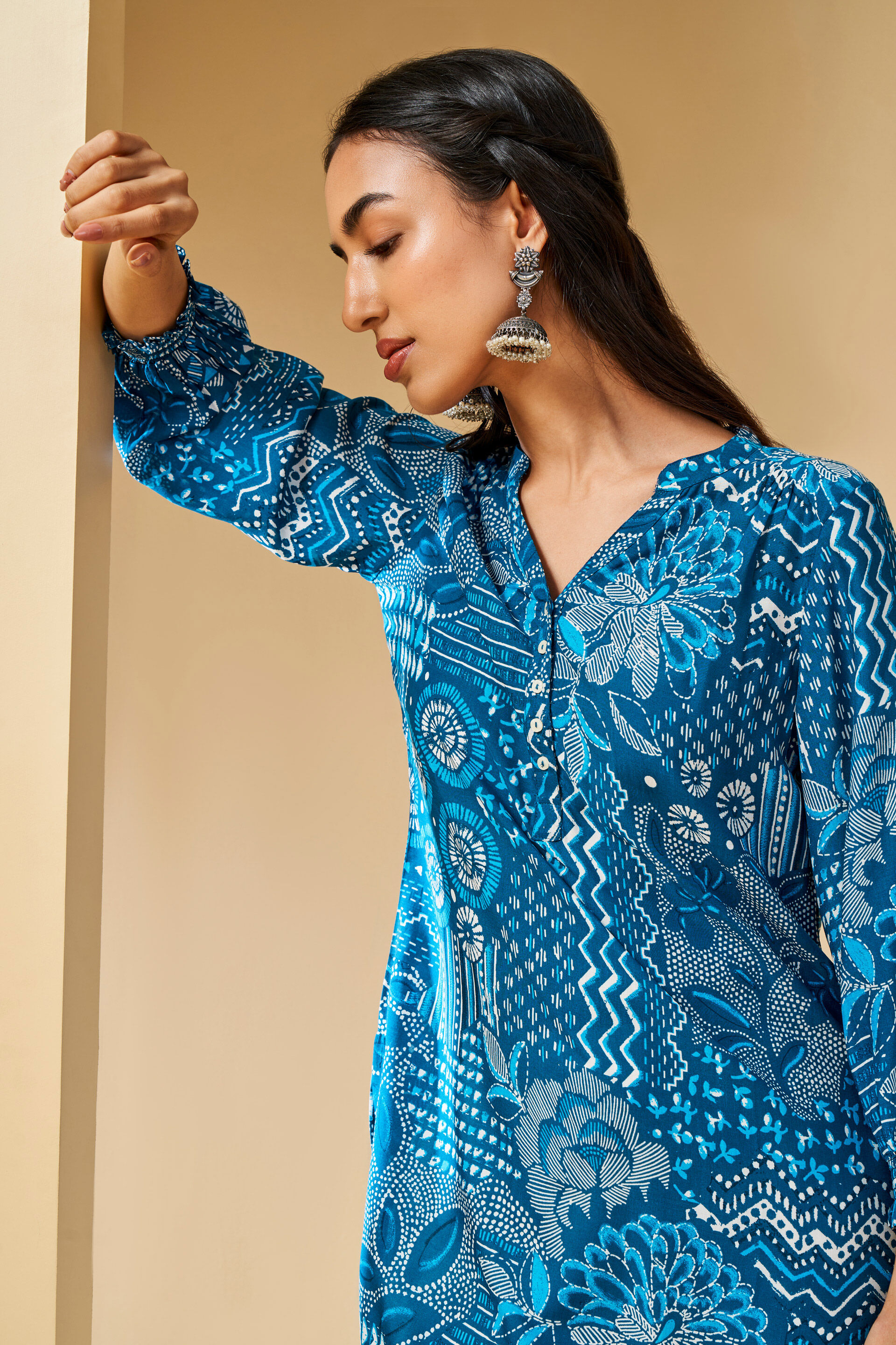 Indigo Inspired Geometric Viscose Tunic, Indigo, image 5