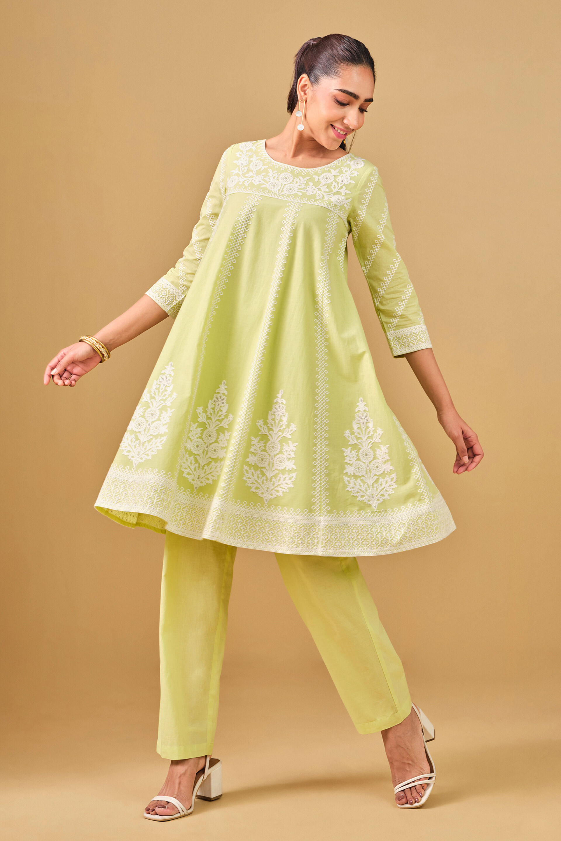 Lime Green Embroidered Cotton Kurta Set, Lime, image 4