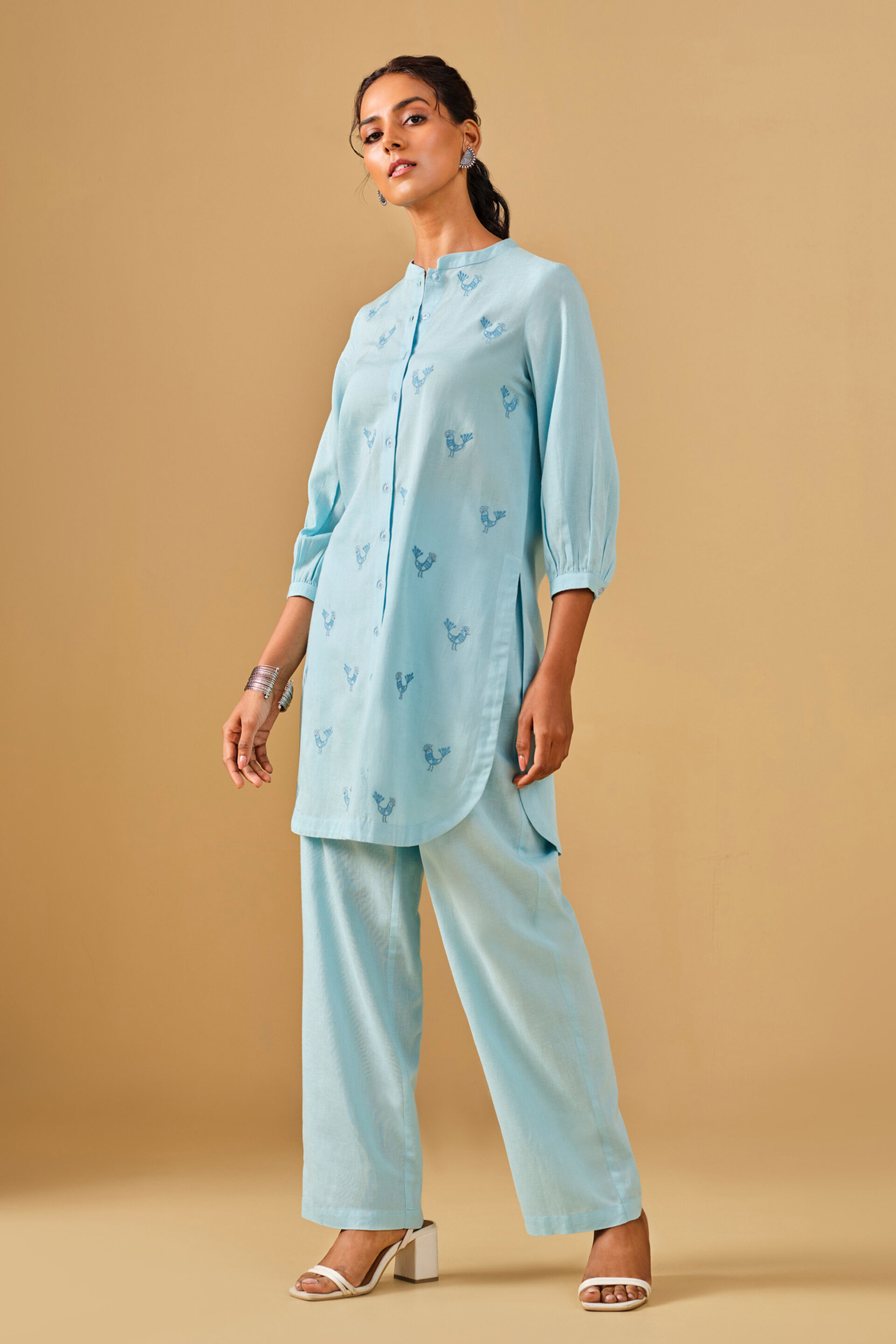 Embroidered Mandarin Collar Viscose Blend Blue Kurta Set, Blue, image 3