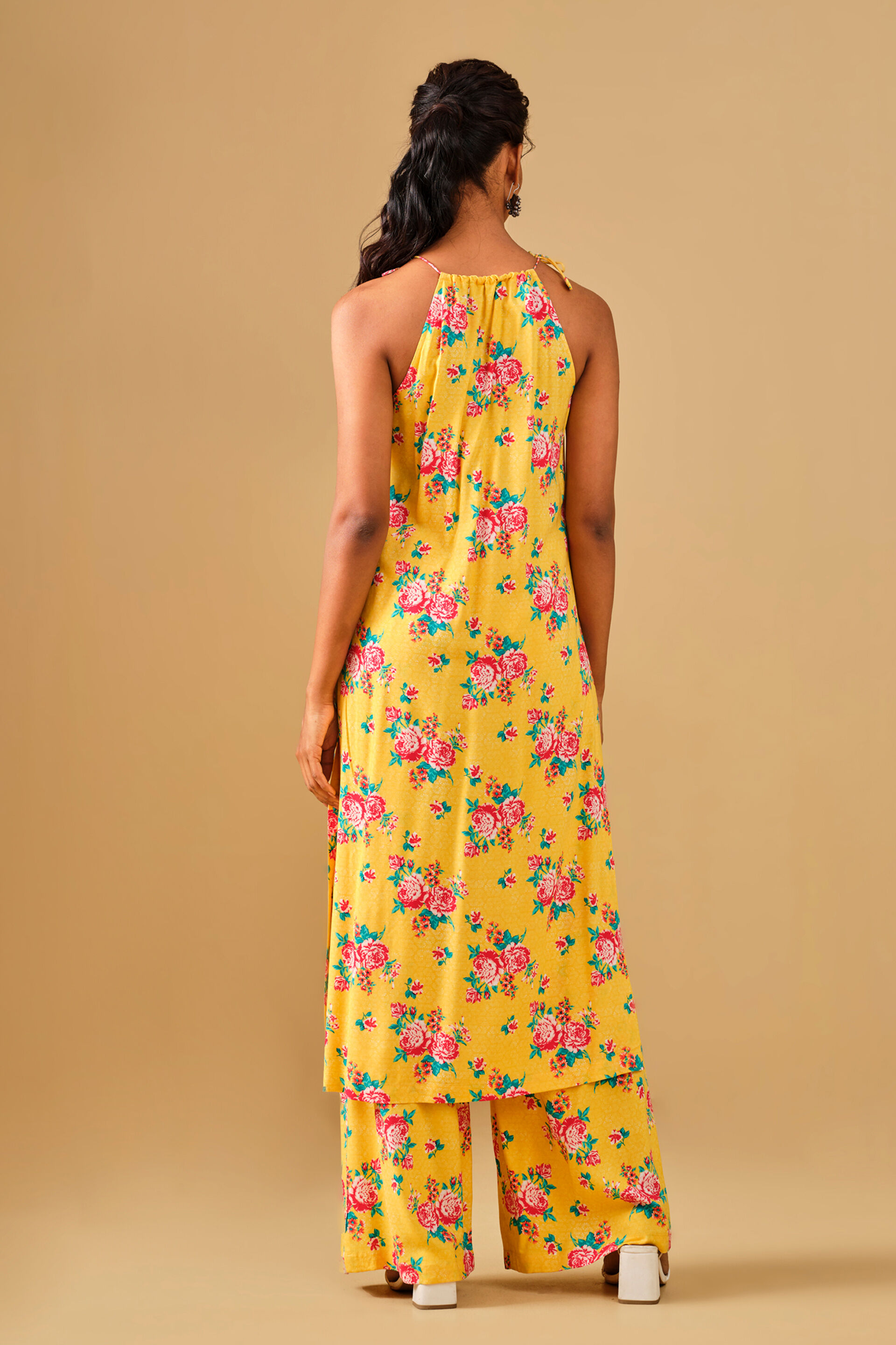 Floral Print Yellow Viscose Kurta Set, Mustard, image 4