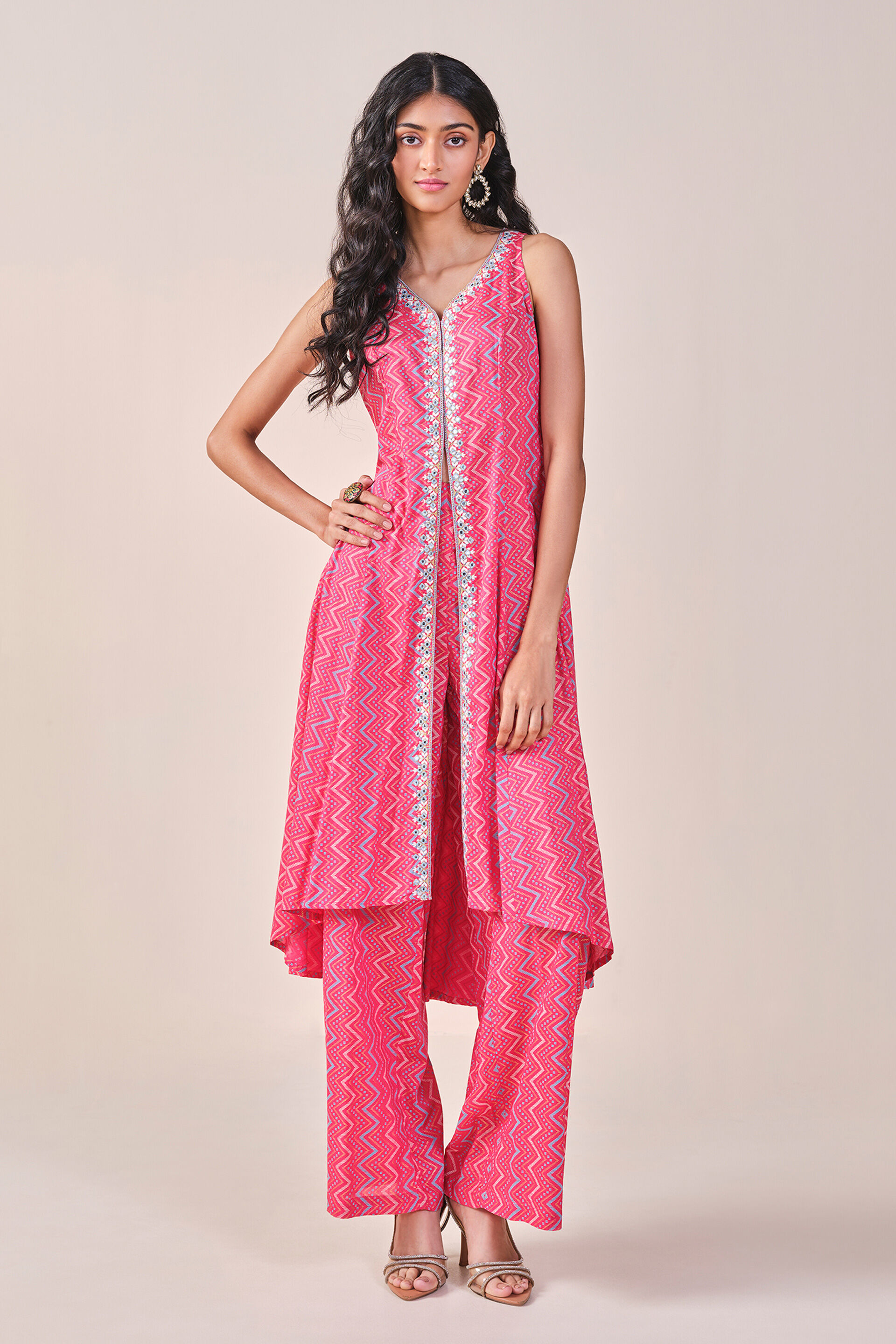 Pink Chevron Print Viscose Kurta Set, Pink, image 4