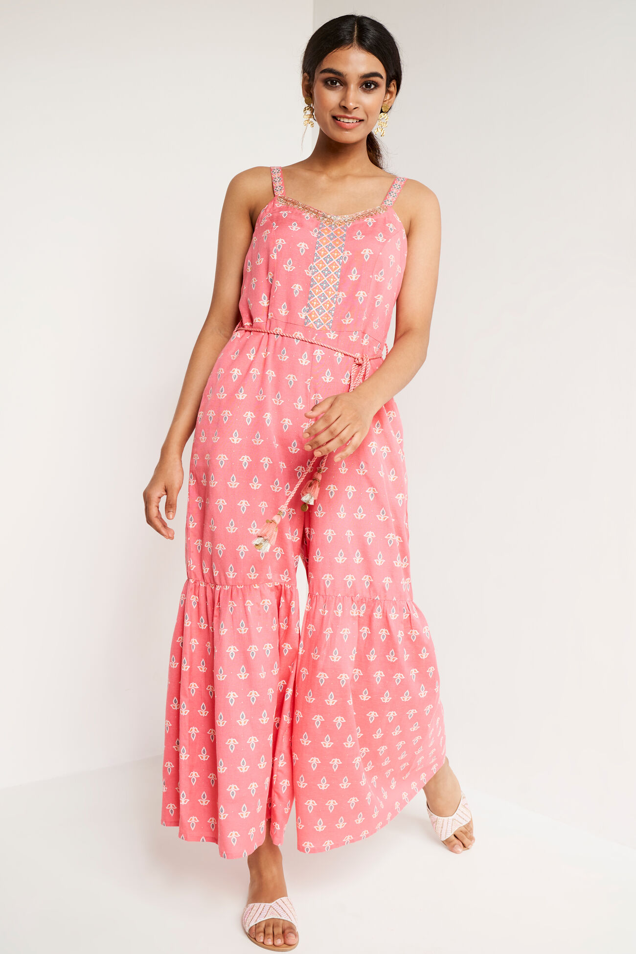 Coral Foil Print Fit & Flare Jump Suit, Coral, image 2