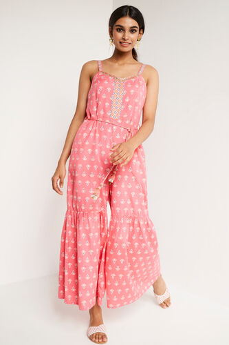 Coral Foil Print Fit & Flare Jump Suit, Coral, image 2