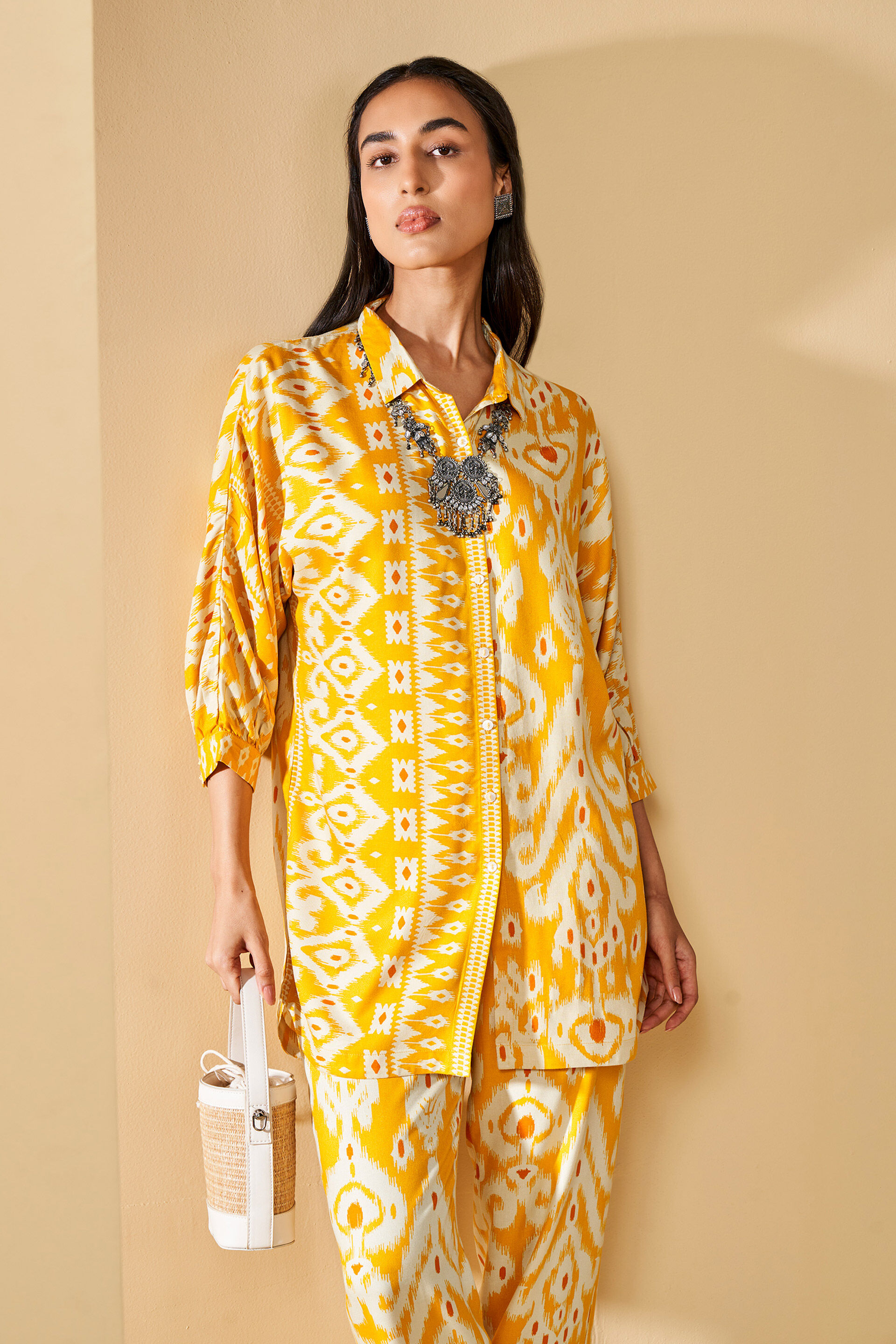 Ikat Inspired Yellow Kurta Set, Yellow, image 4