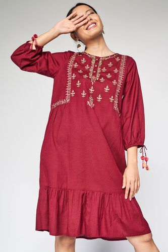 3 - Wine Embroidered A-Line Dress, image 3