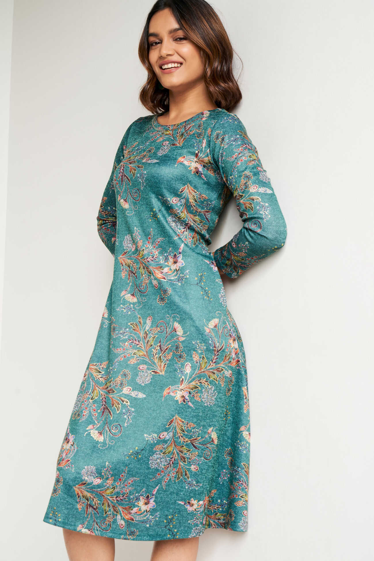 Buy Green Floral Flared Dress Online at Best Price at Global Desi ...
