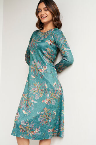 Green Floral Flared Dress, Green, image 3