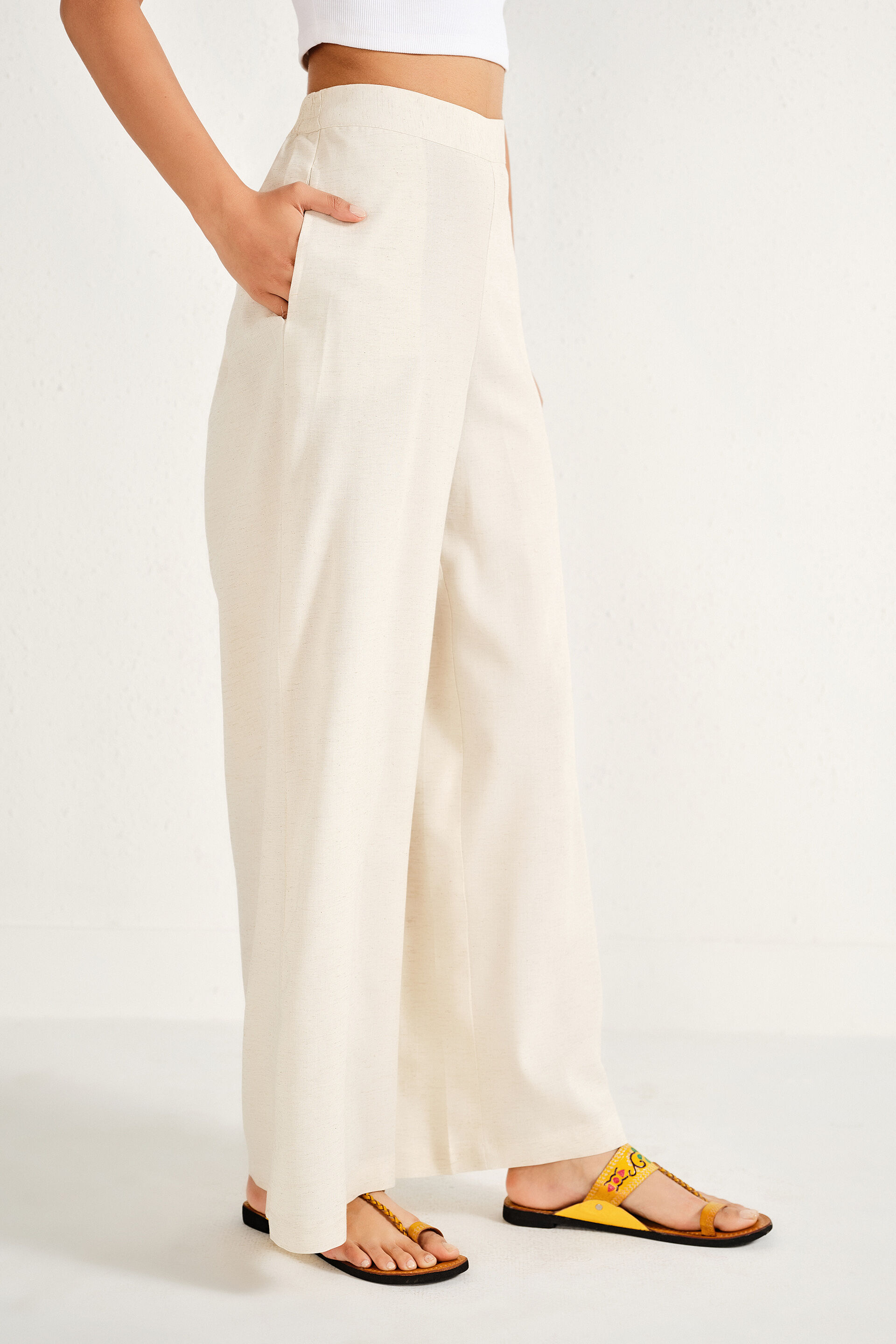 Natural Linen-Blend Palazzo Pants, Natural, image 3