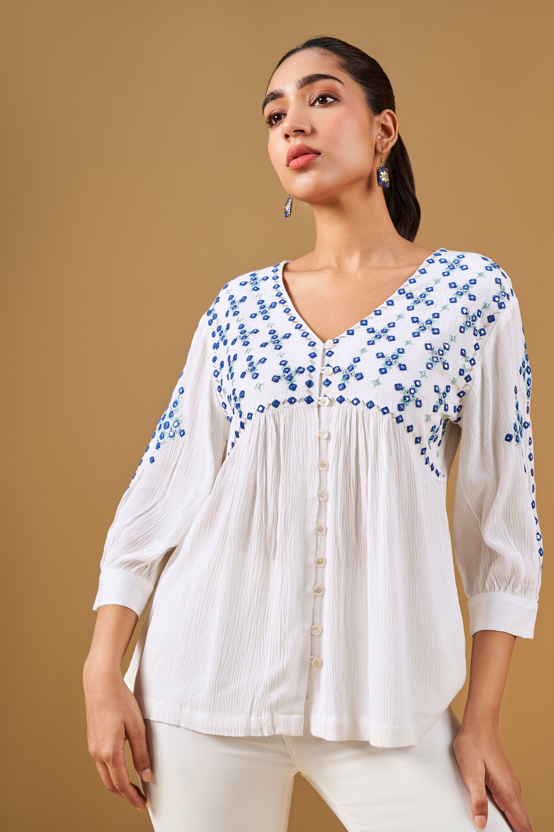 White Mirror Embroidery Viscose Top, Off White, image 5