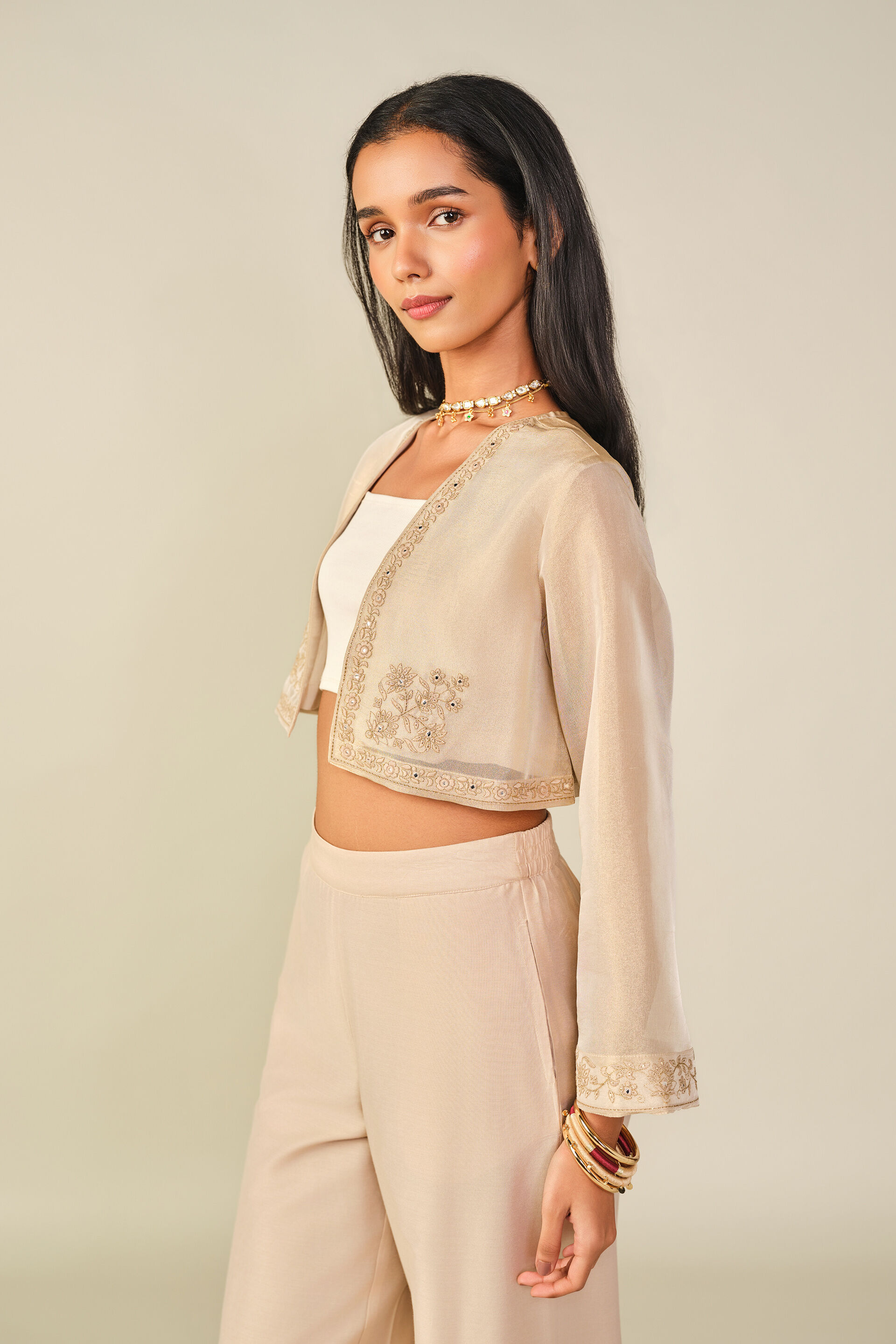 Embroidered Bomber Shrug in Beige, Beige, image 3