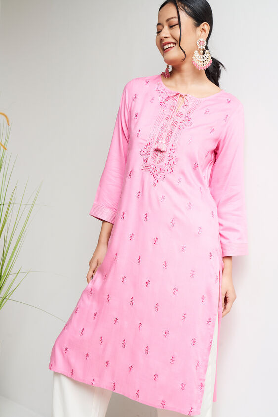 Solid Embroidered Straight Kurta, Pink, image 1