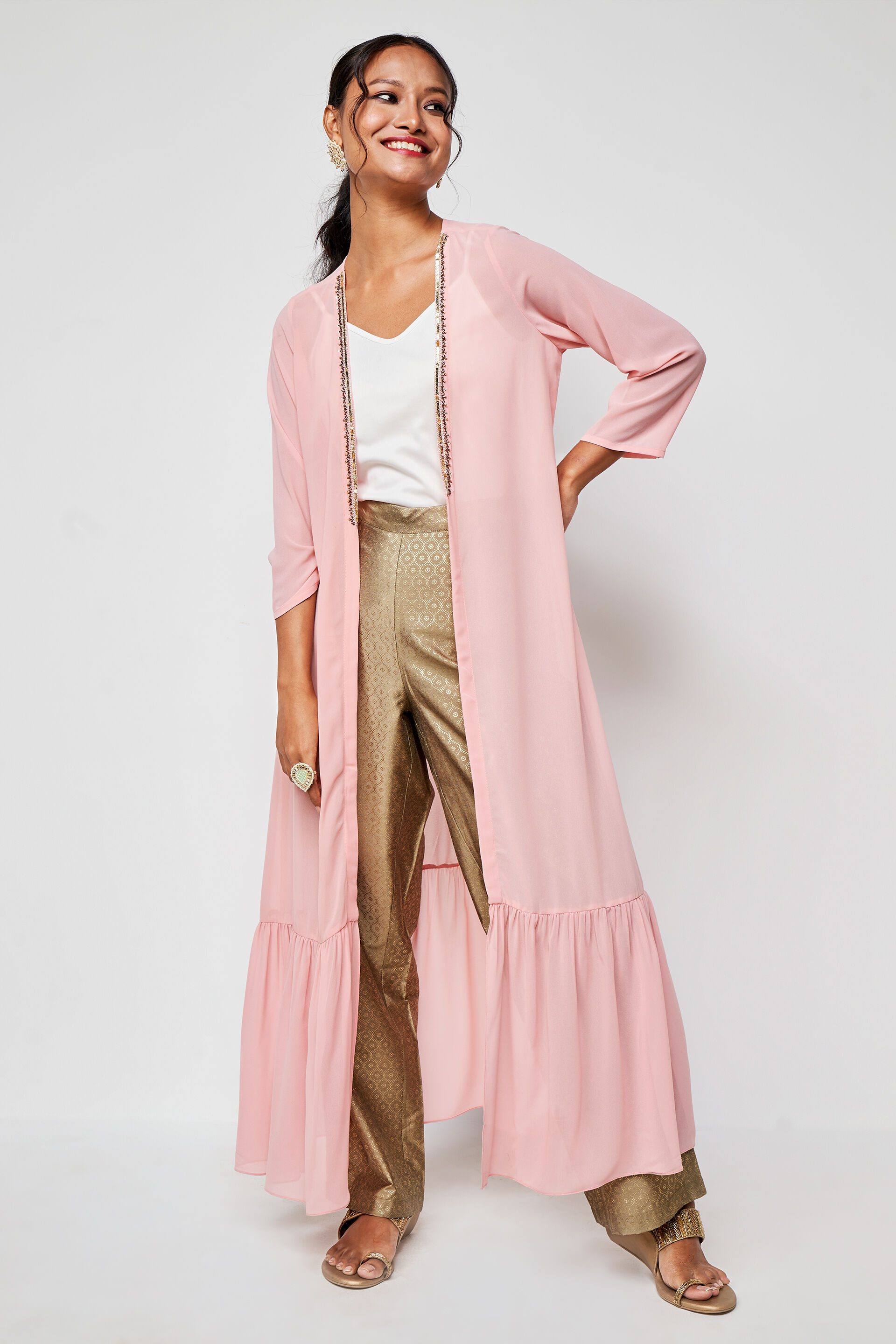 Buy Pink Solid Embroidered Shirt Style Shrug Online for Women from
