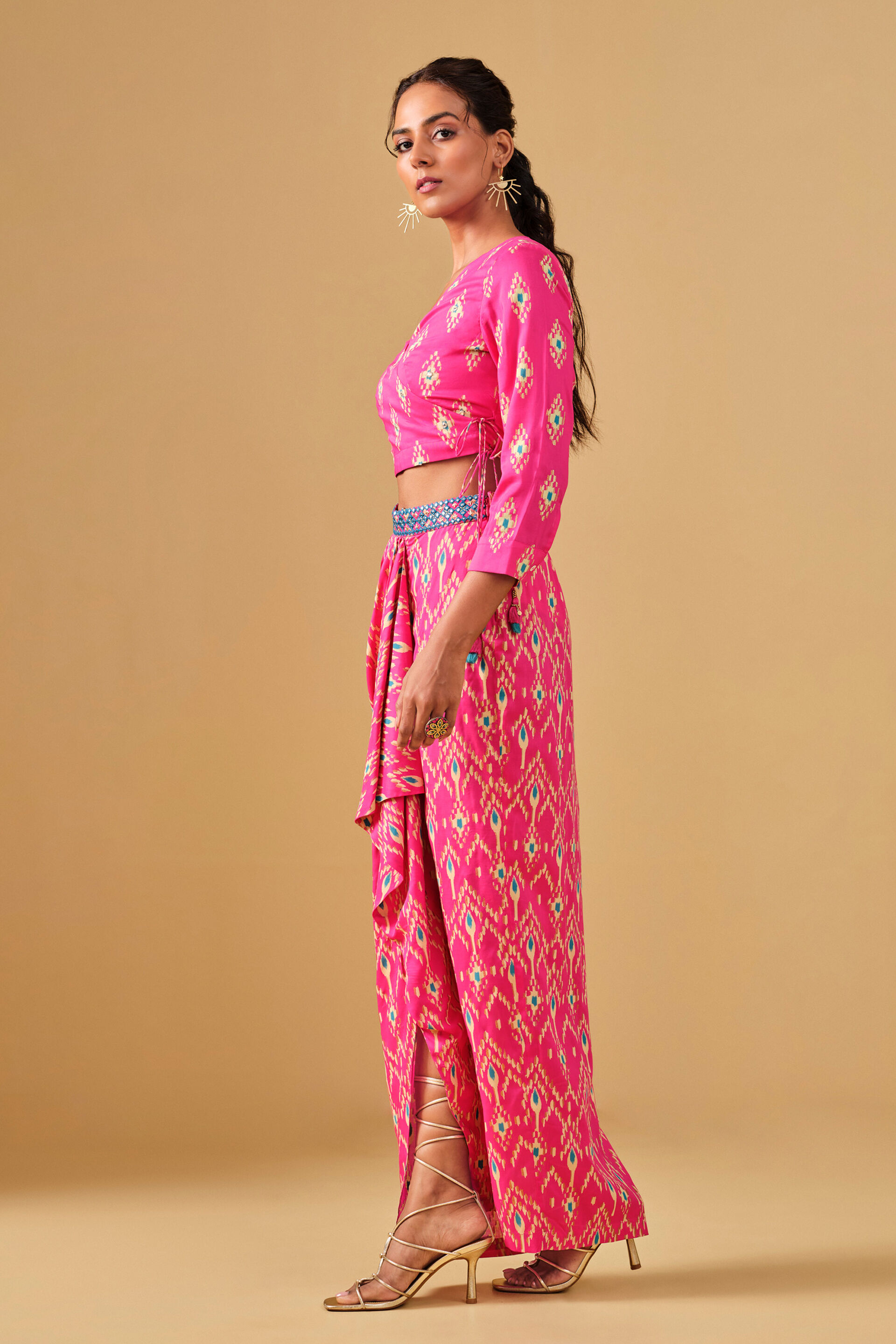 Ikat Inspired Pink Viscose Skirt Set, Pink, image 4