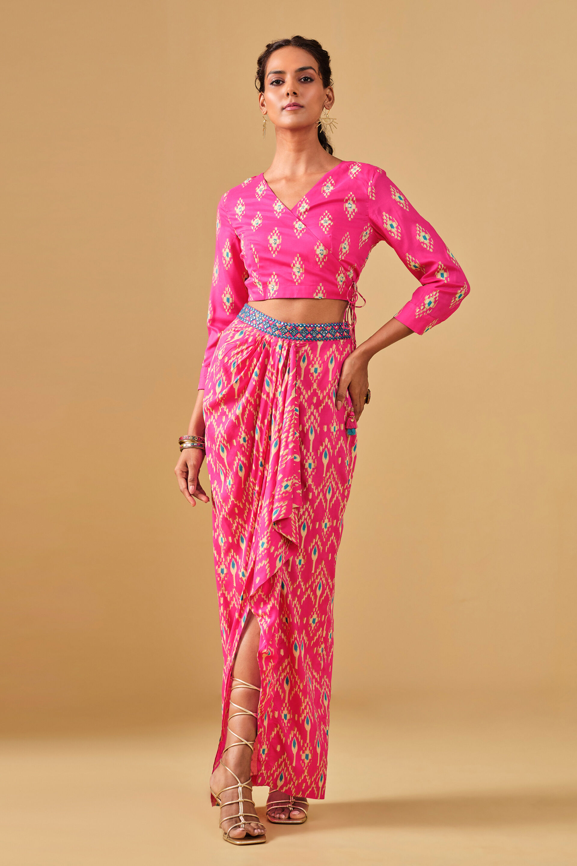 Ikat Inspired Pink Viscose Skirt Set, Pink, image 3