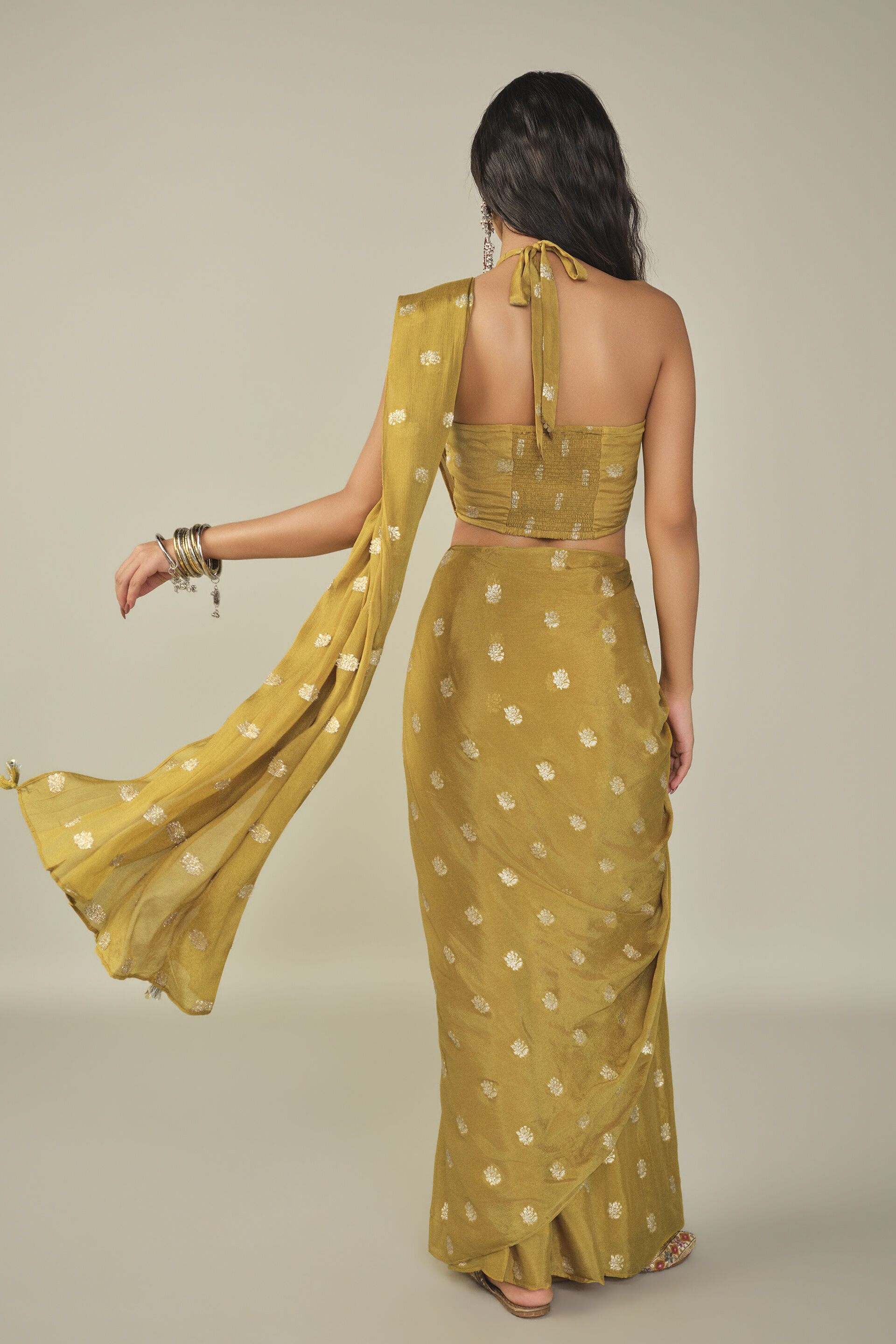 Embroidered Pre-stitched Saree in Yellow, Yellow, image 6
