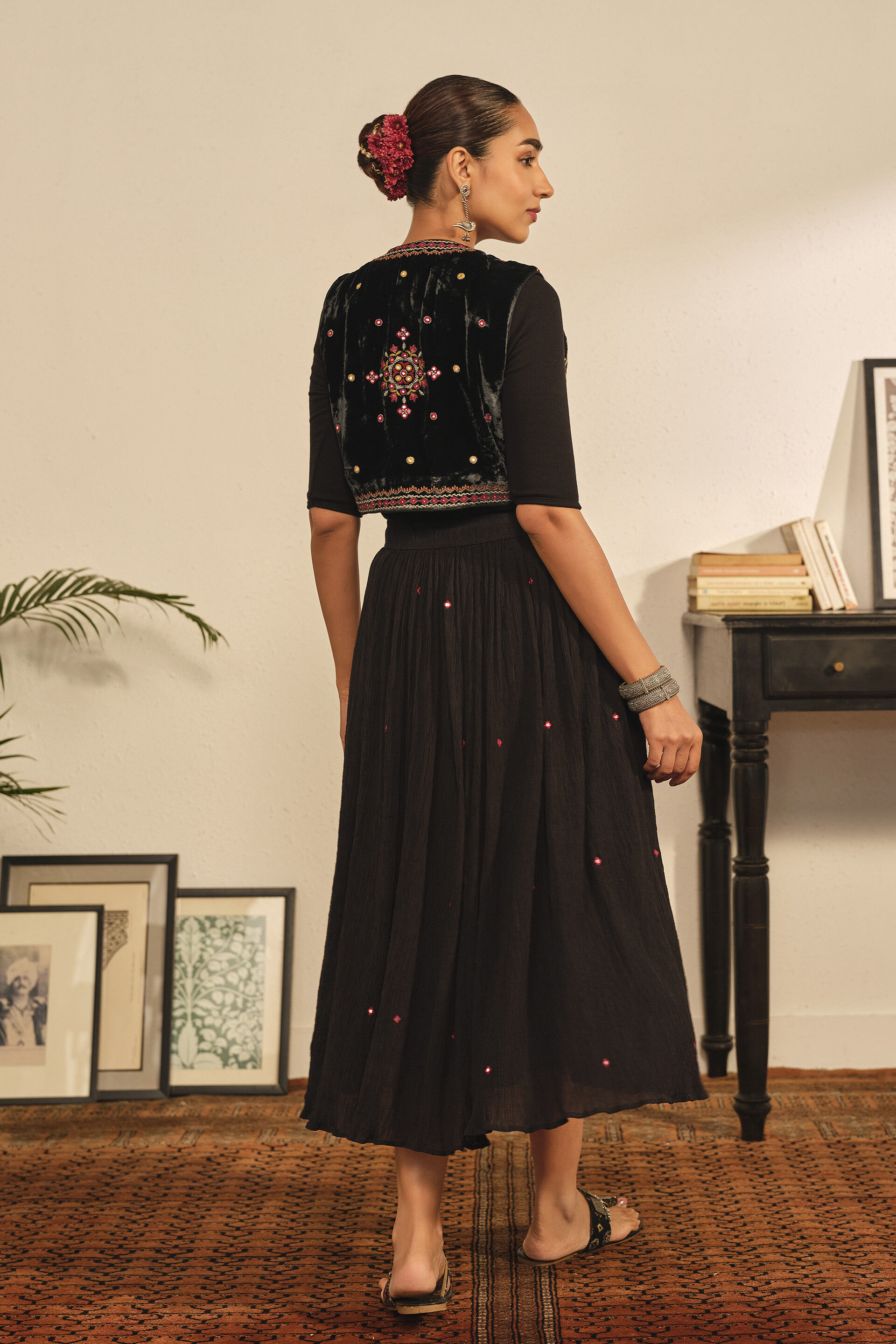 Embroidered Velvet Waistcoat in Black, Black, image 5