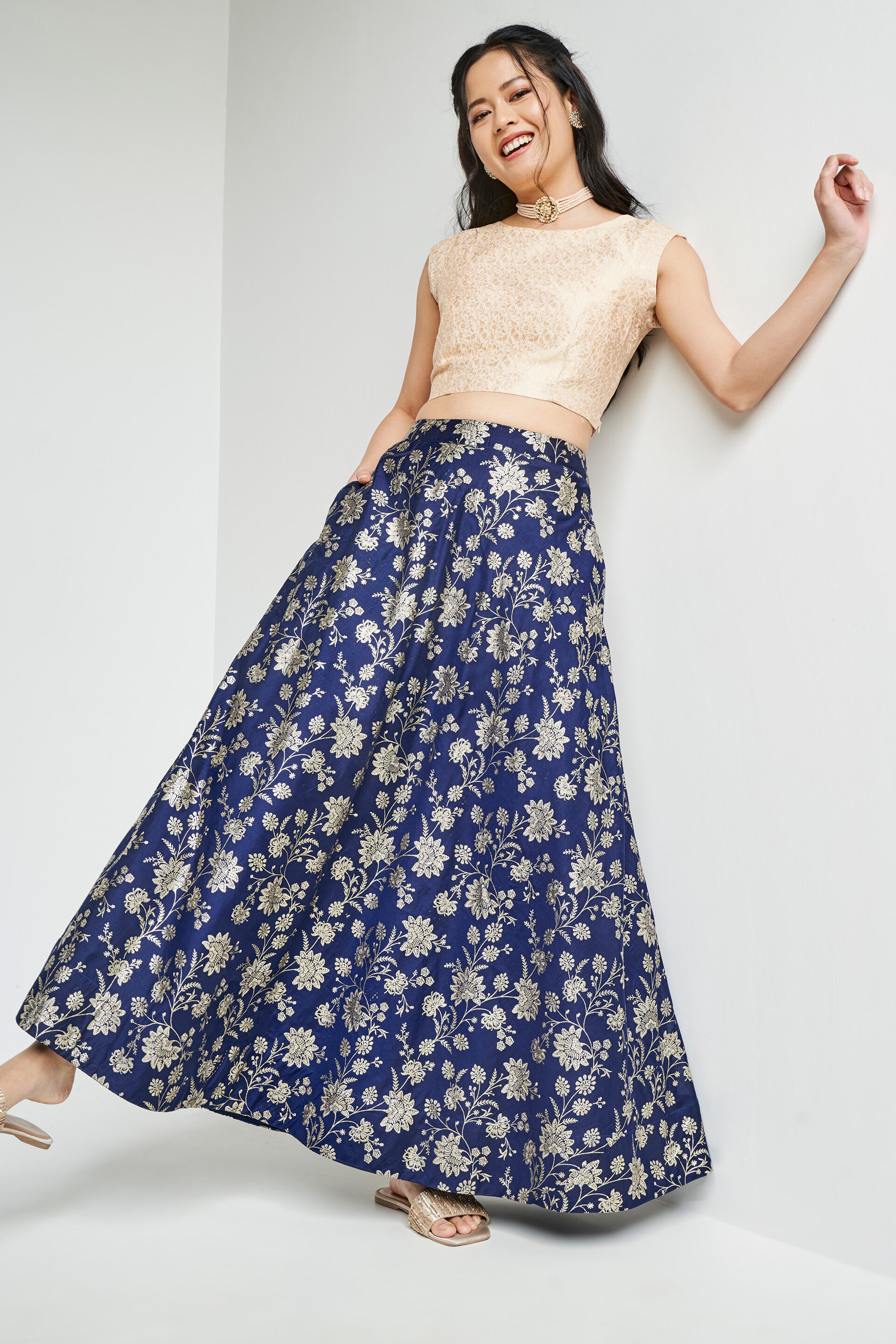 Buy Indigo Foil Print Flared Skirt Online at Best Price at Global