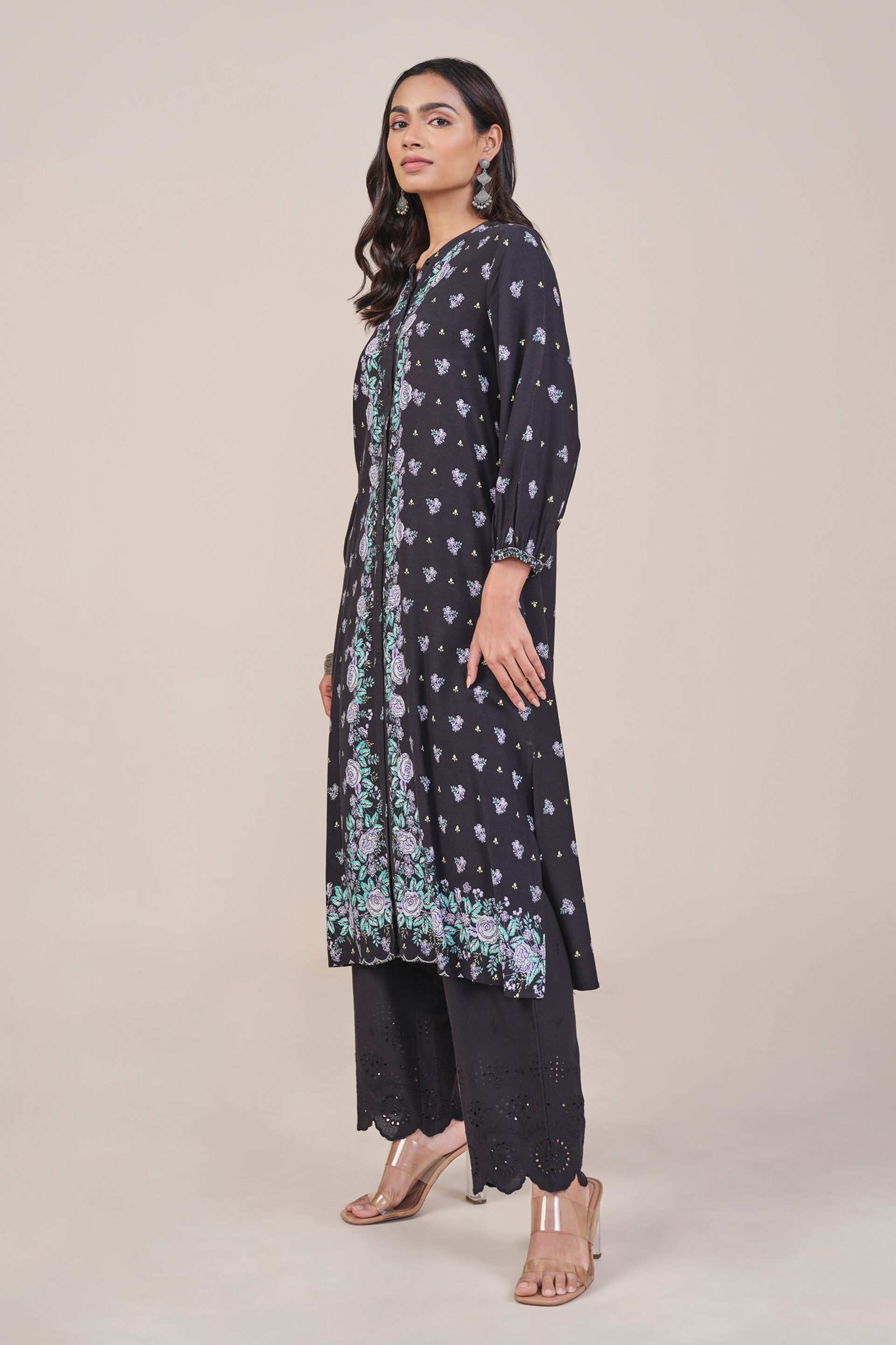 Black Placement Print Kurta, Black, image 3