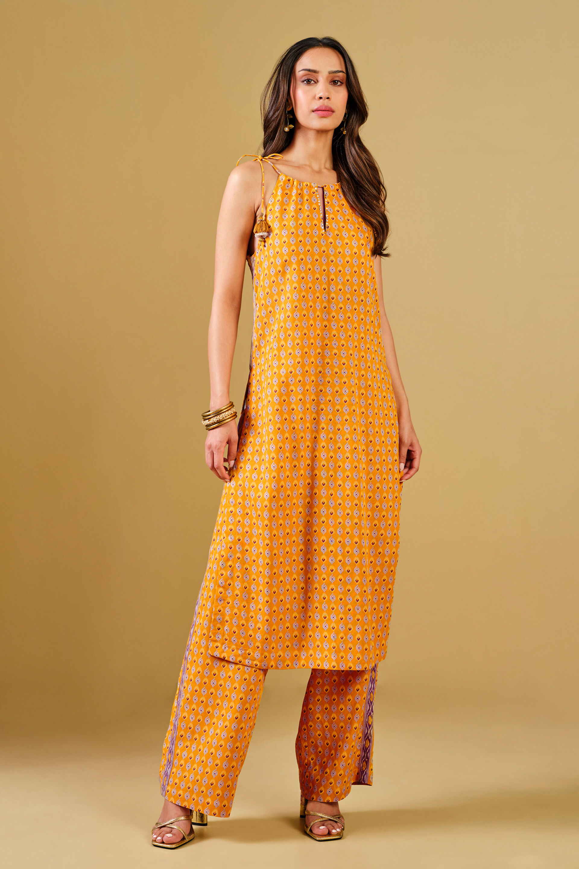 Rayon Blend Yellow Kurta Set, Mustard, image 2
