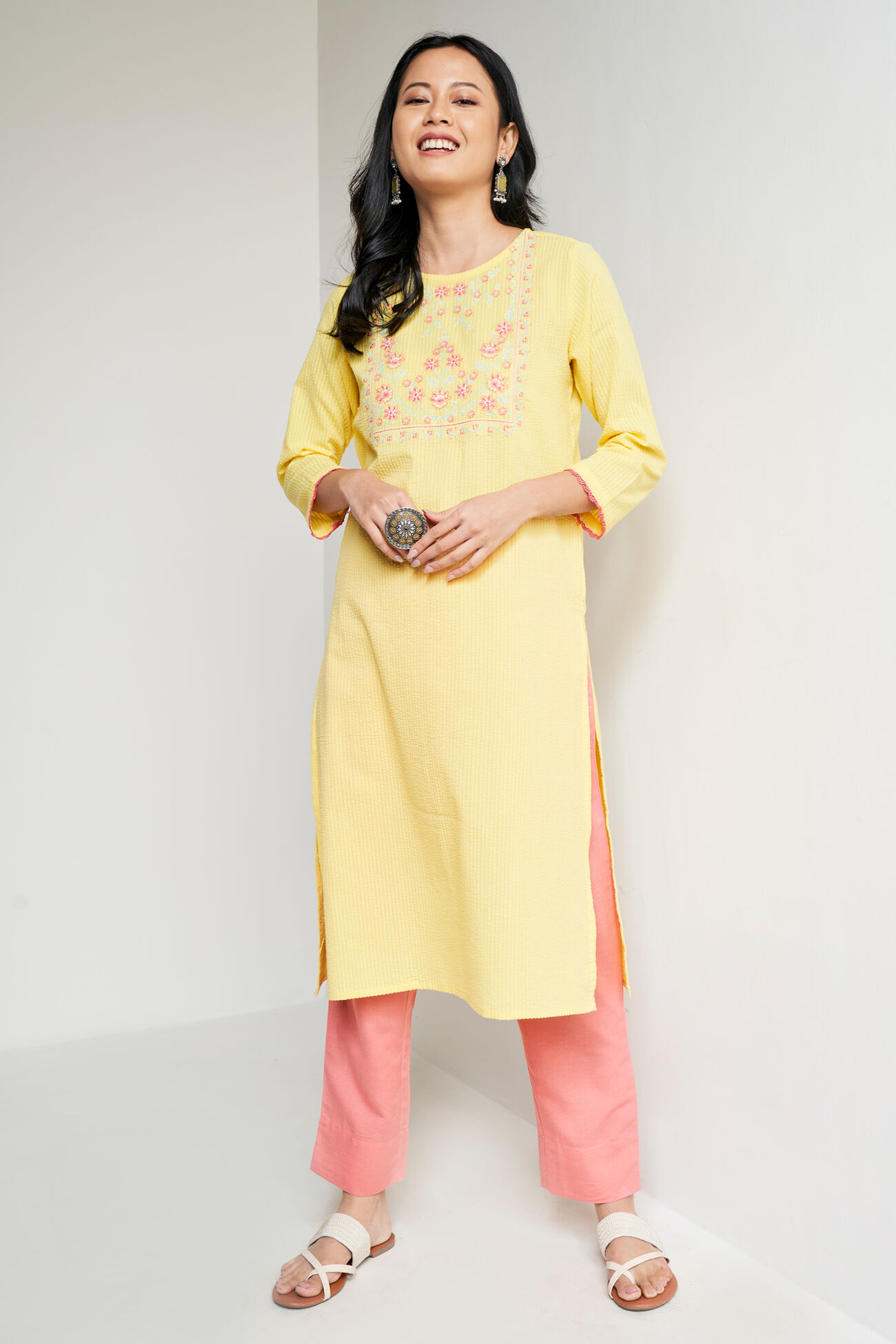 Yellow Solid Embroidered Straight Kurta, Yellow, image 2