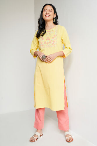Yellow Solid Embroidered Straight Kurta, Yellow, image 2