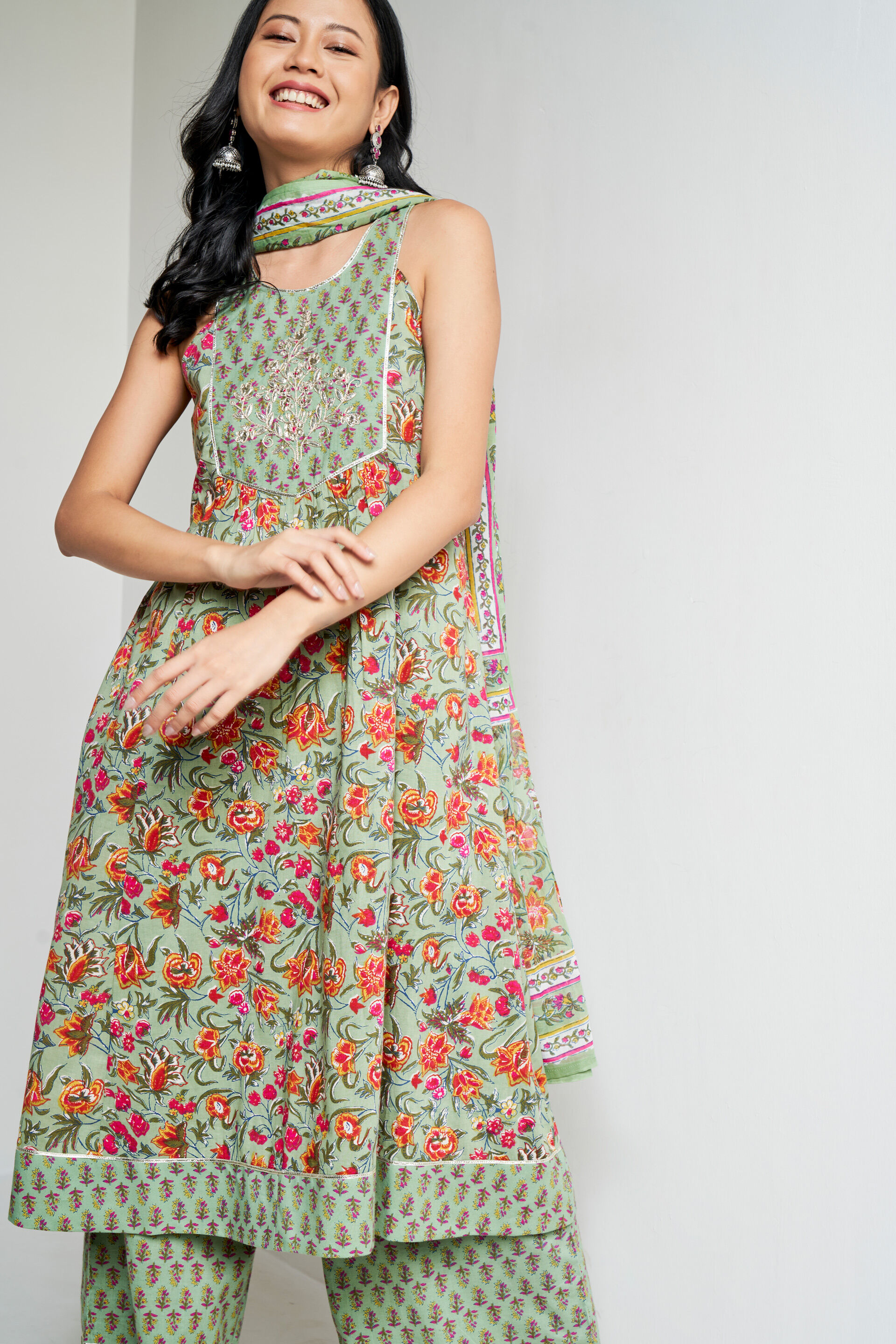 Sage Green Floral Straight Suit
