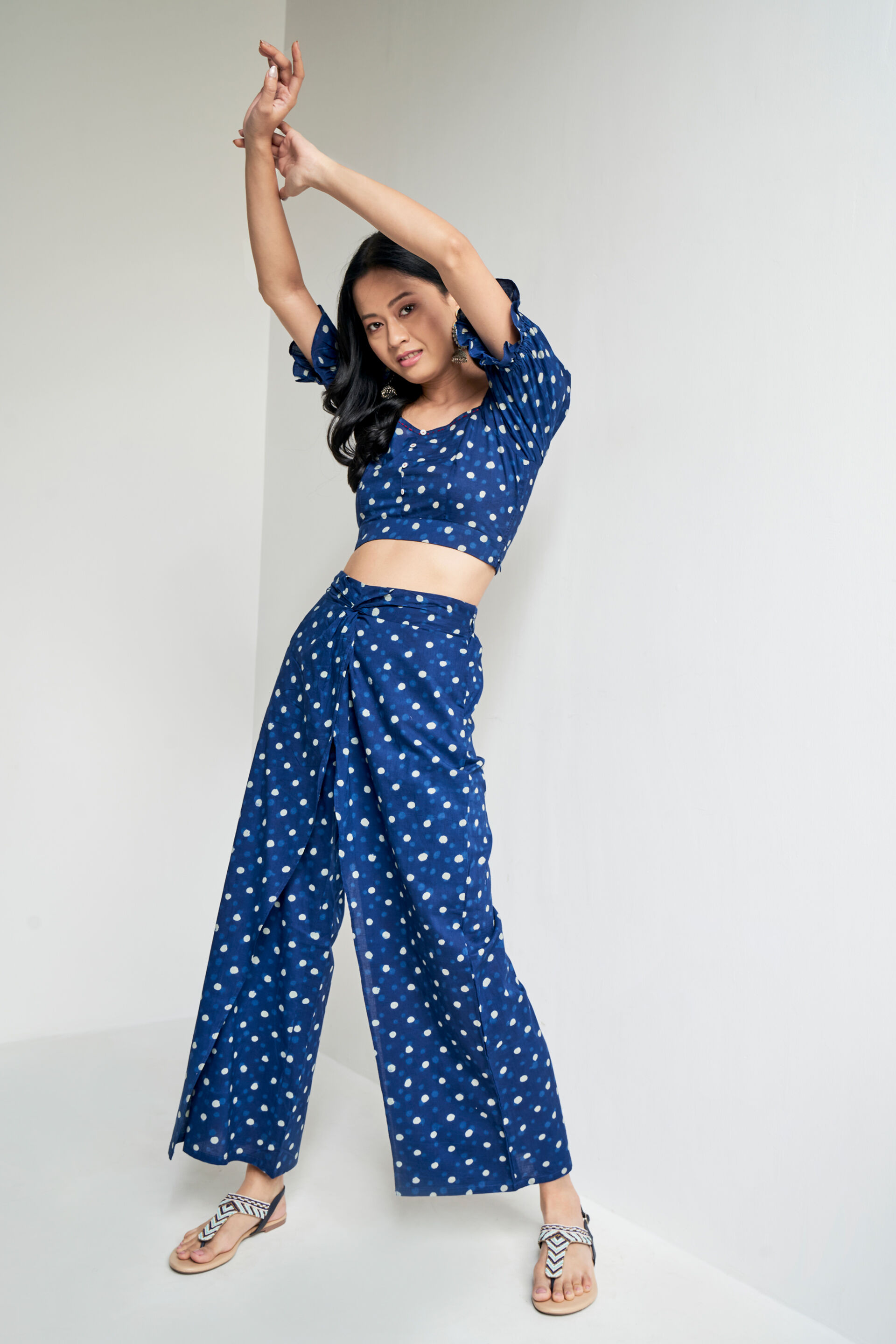 Indigo Geometric Ruffles Cropped Set, Indigo, image 3