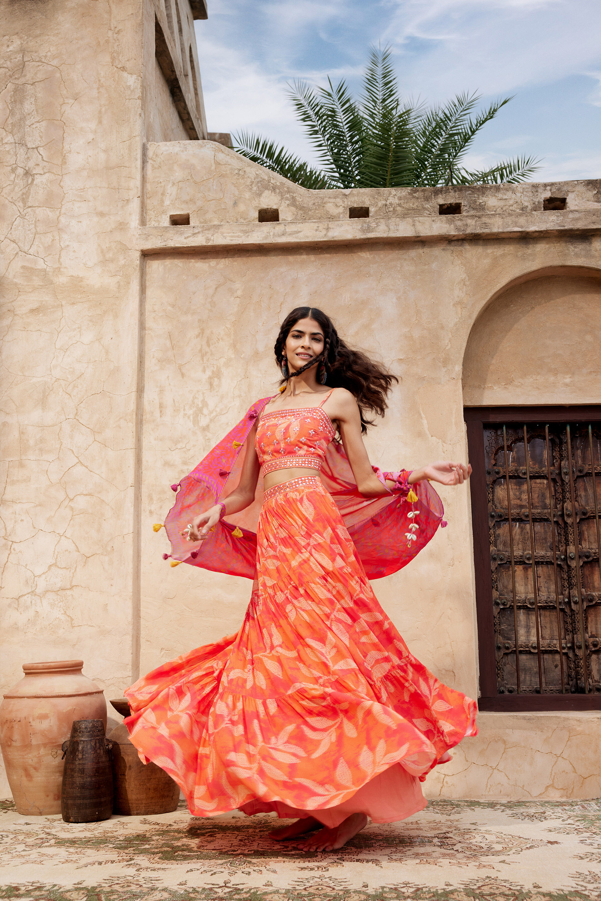 Leafy Print Skirt Set, Coral, image 3