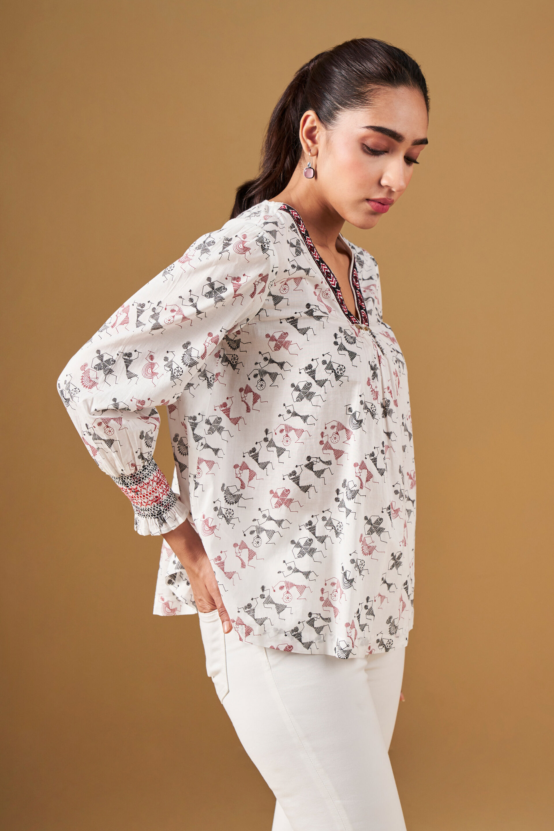 Warli Print Inspired Cotton Top, White, image 4