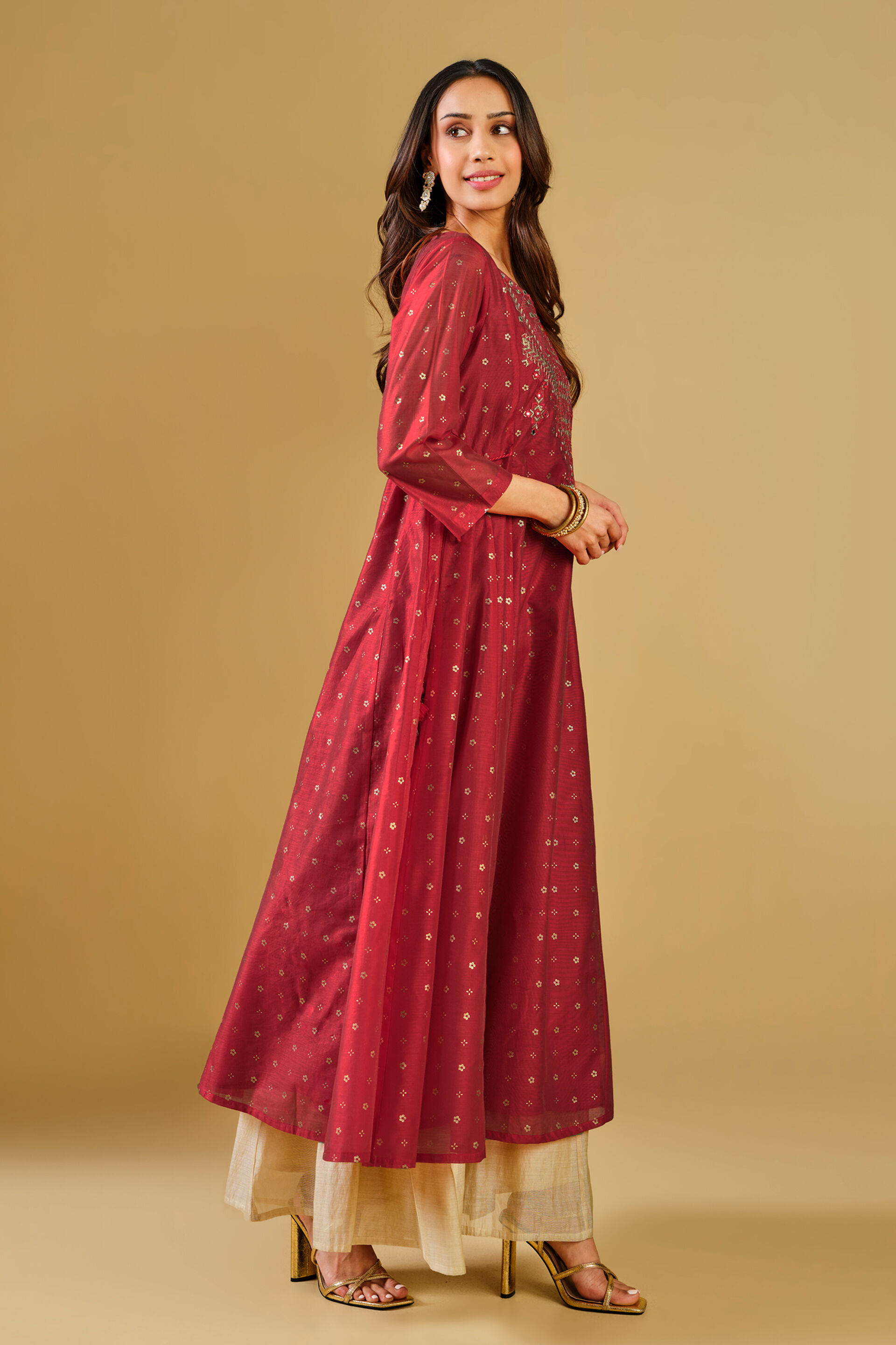 Red Viscose Blend Flared Kurta, Red, image 5