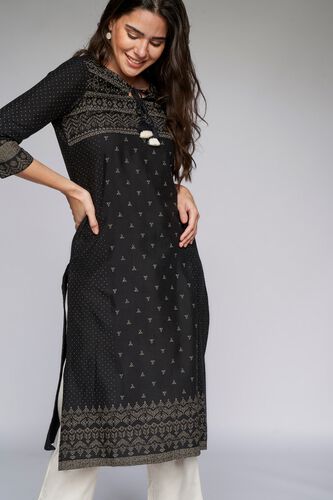 1 - Black Geometric Straight Kurta, image 1