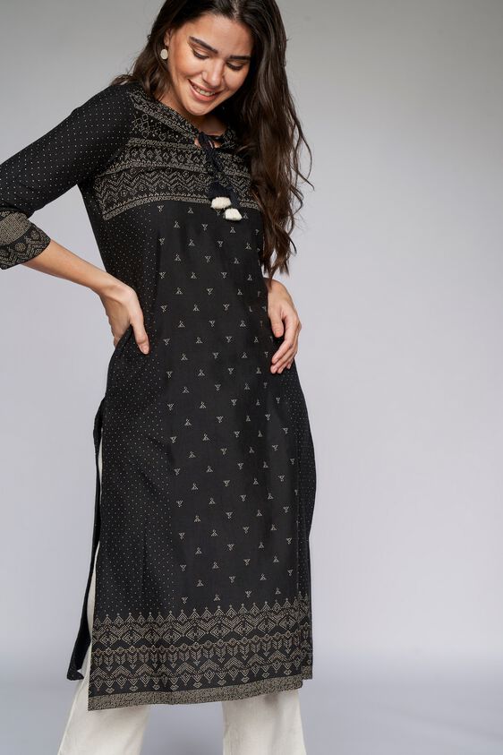 1 - Black Geometric Straight Kurta, image 1