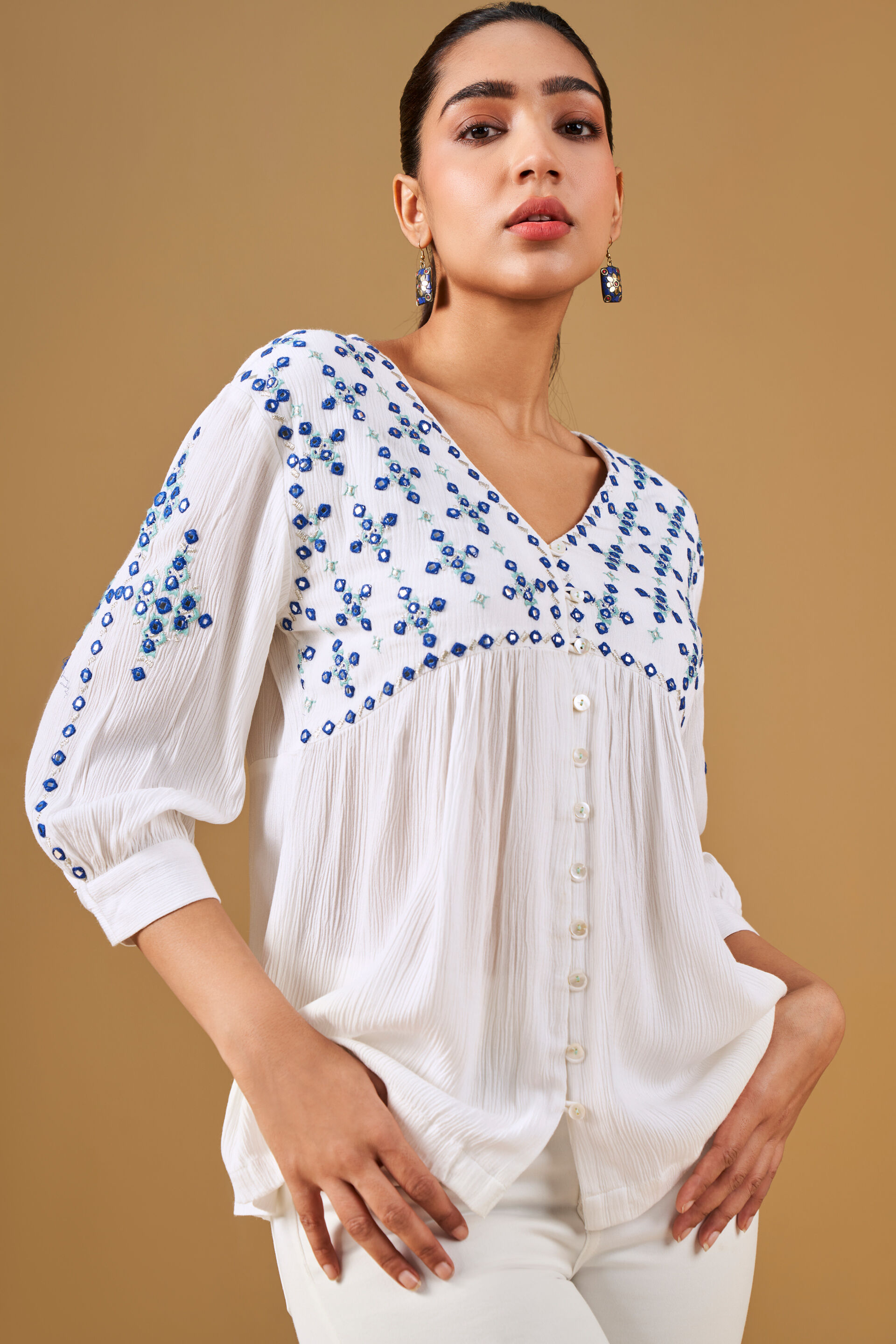 White Mirror Embroidery Viscose Top, Off White, image 6
