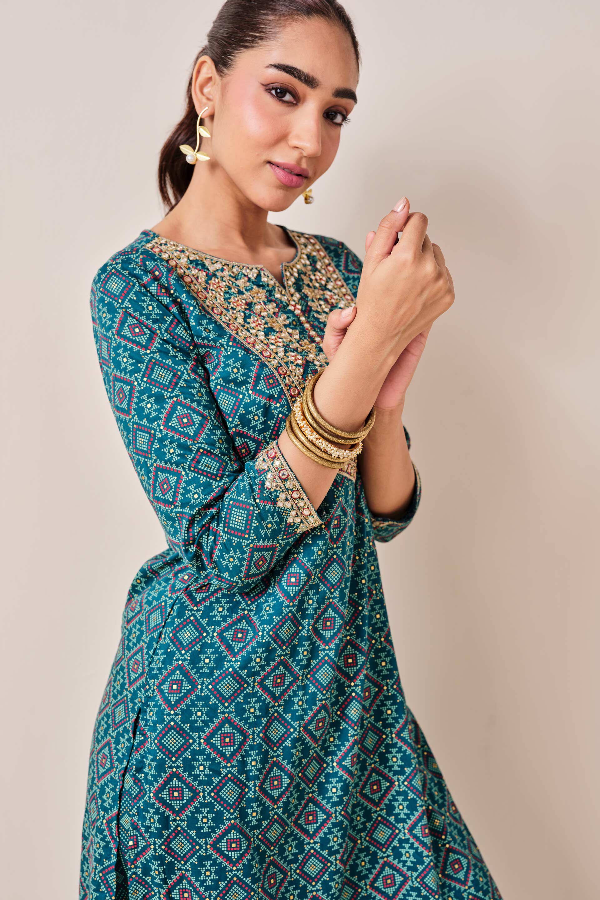 Teal Embroidered Viscose Kurta Set, Teal, image 3