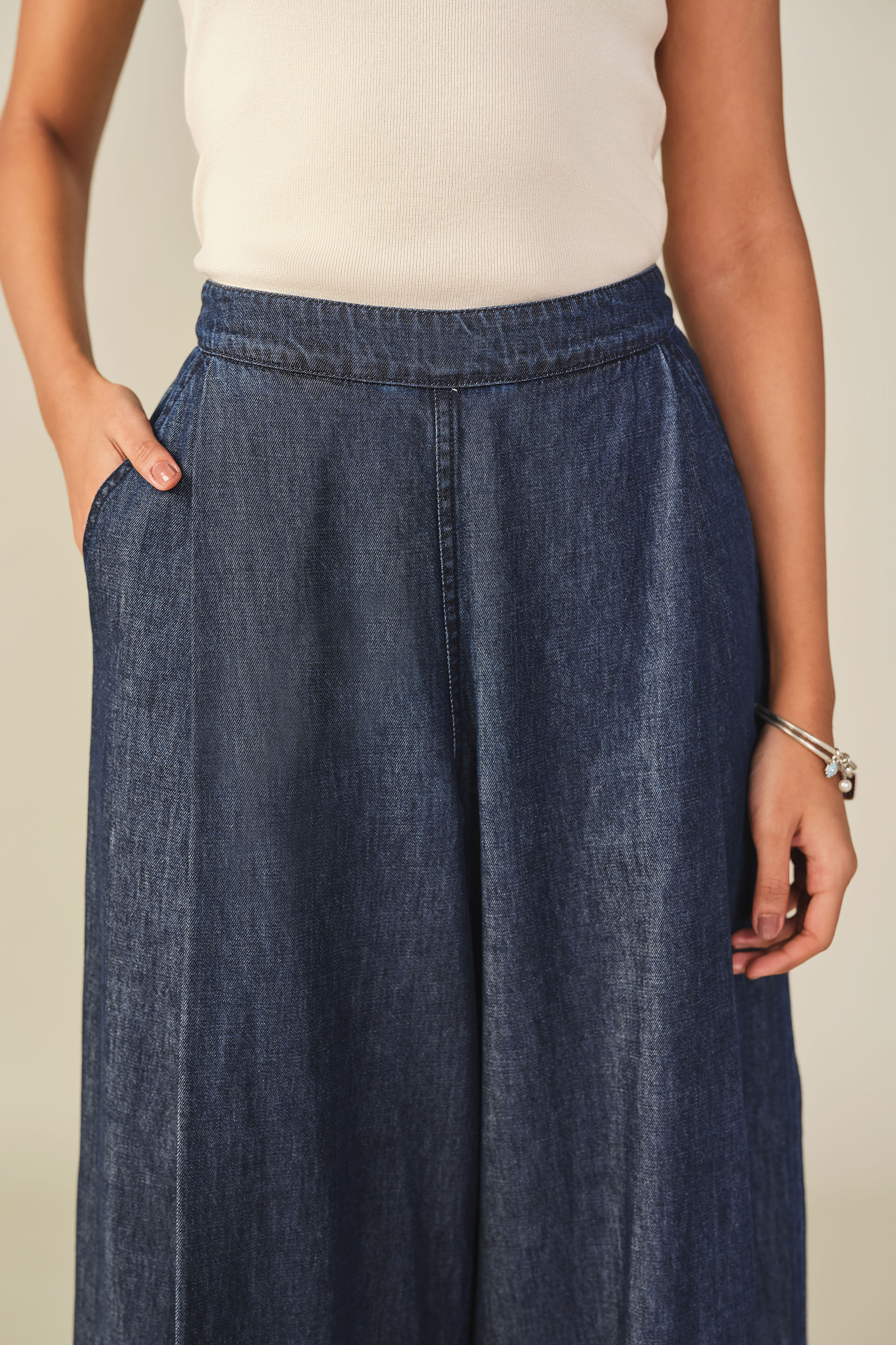 Solid Denim Pleated Pants in Indigo, Indigo, image 2